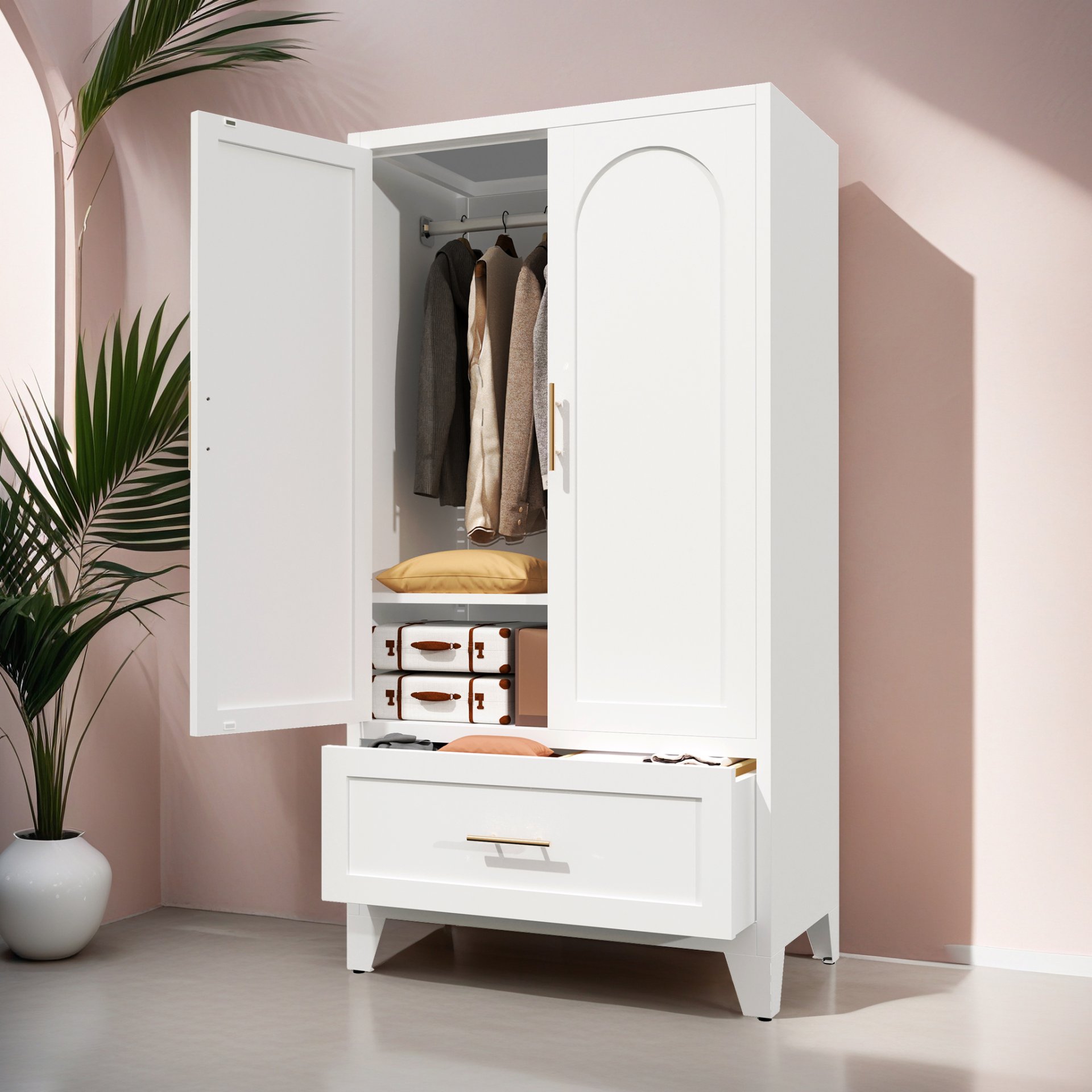 Wardrobe Cabinet With 1 Drawer And Hanging Rod, 2 Doors Closet With Shelf For Bedroom - White - Image 6