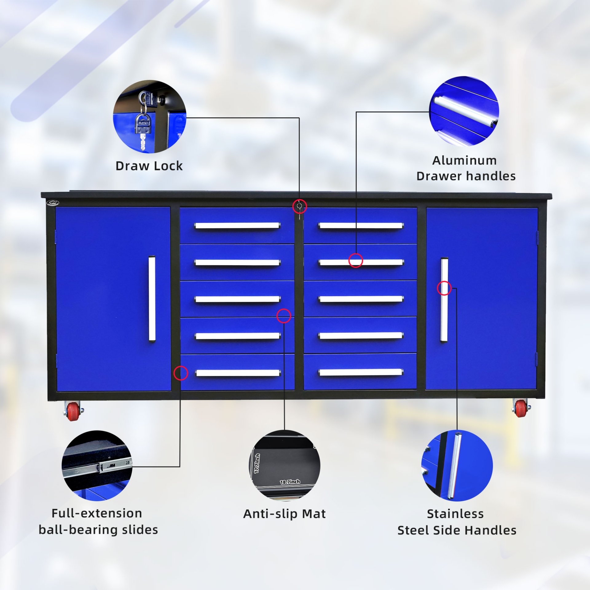 Storage Cabinets With Workbench (10 Drawers & 2 Cabinets) - Blue - Image 4
