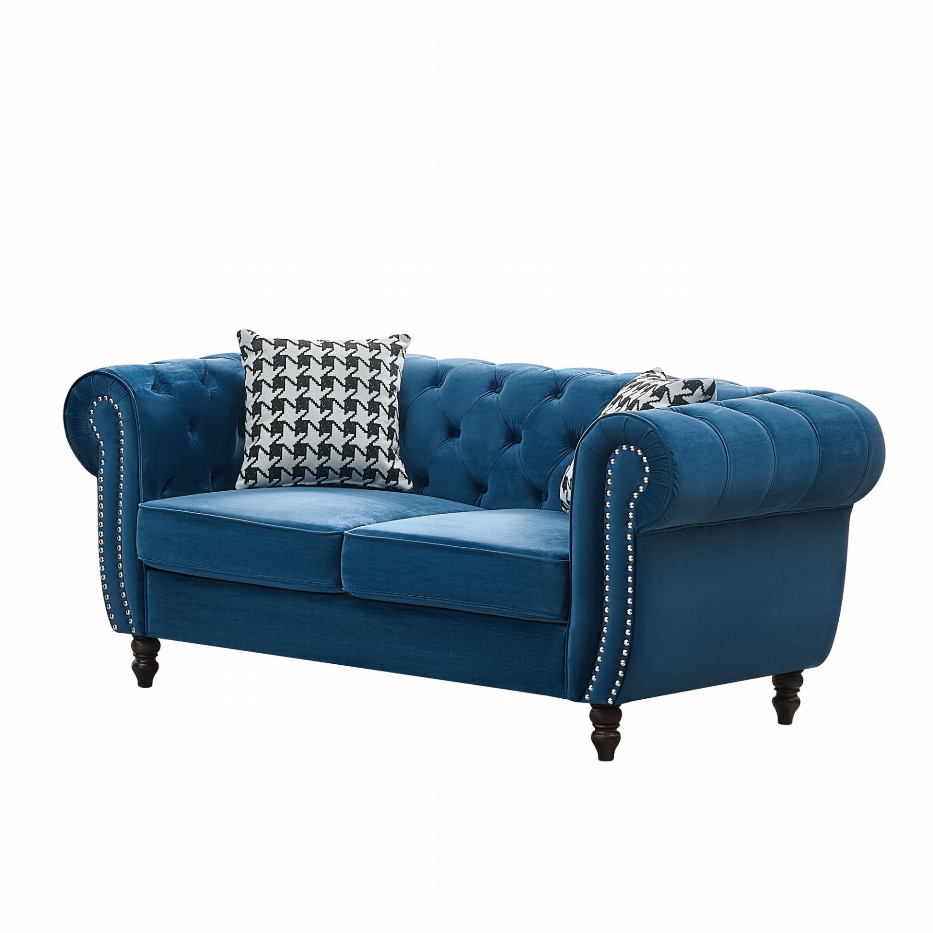 Chesterfield Sofa With Roll Armrest And Nailhead, 2 Seater Couch - Blue - Image 6