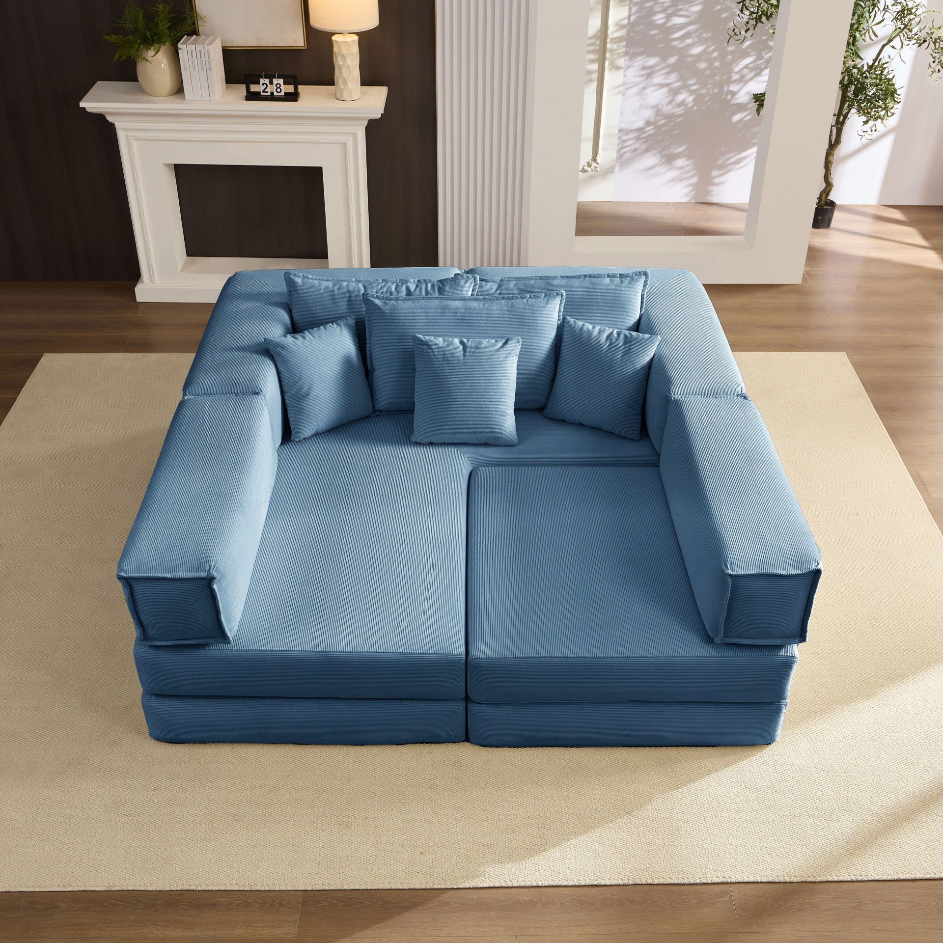 Oversized Upholstered Sectional Sofa Couch Set, Modular L Shaped Floor Sofa Set With 6 Pillows For Living Rooms - Blue - Image 9