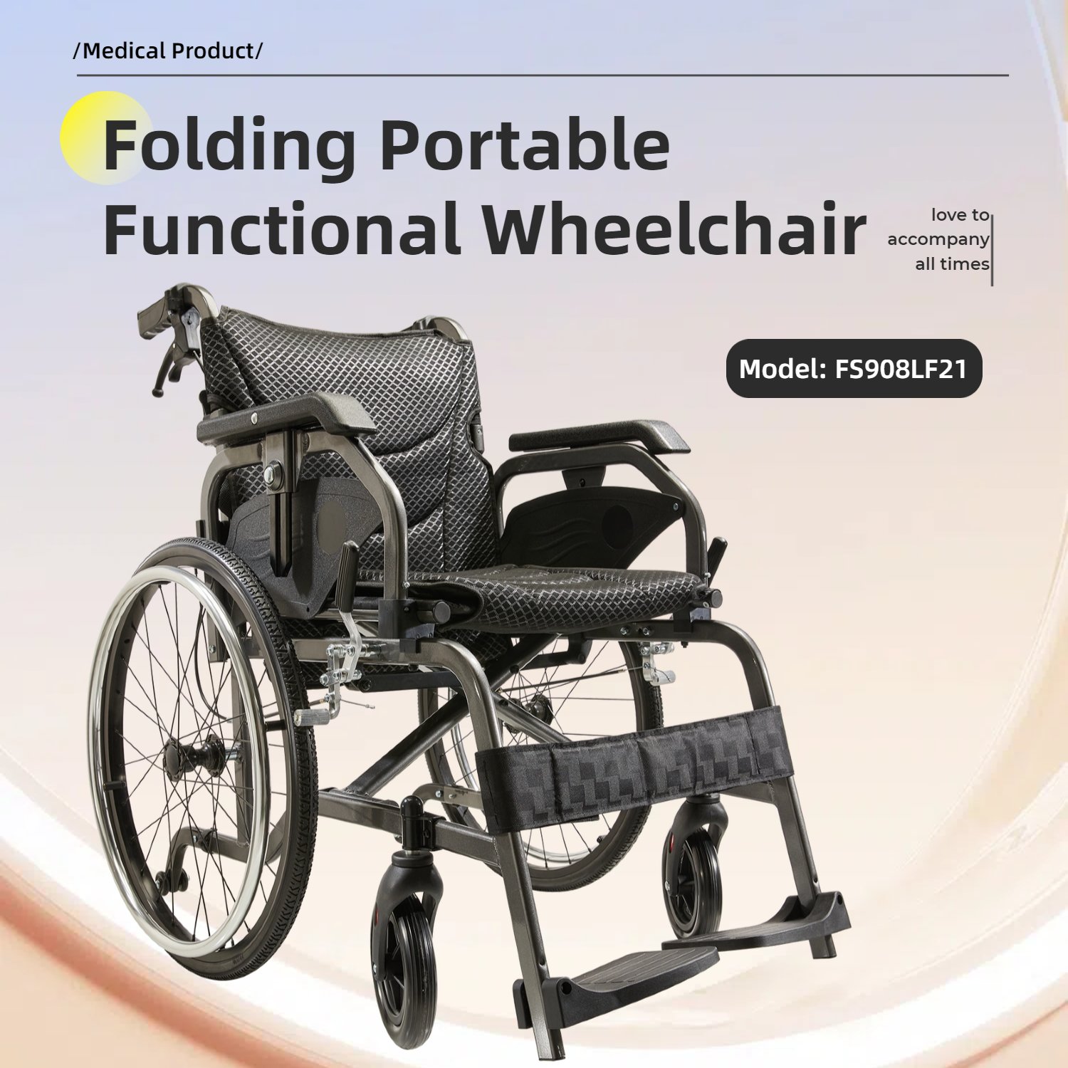 Premium Lightweight Foldable Transport Wheelchair Square Tube Design With Double Brakes Adjustable Handrail & Breathable Seat Ideal For Disabled & Post Surgery Recovery - Black / Gray - Image 4