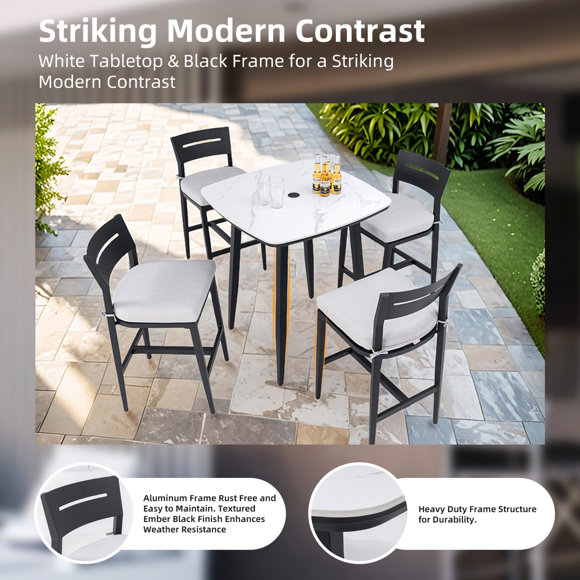 5 Pieces Modern Outdoor Bar Set, Sintered Stone Table With White Inspired Top & 4 Bar Stools, Sunbrella Cushions, Weather Resistant - Ember Black / White - Image 5