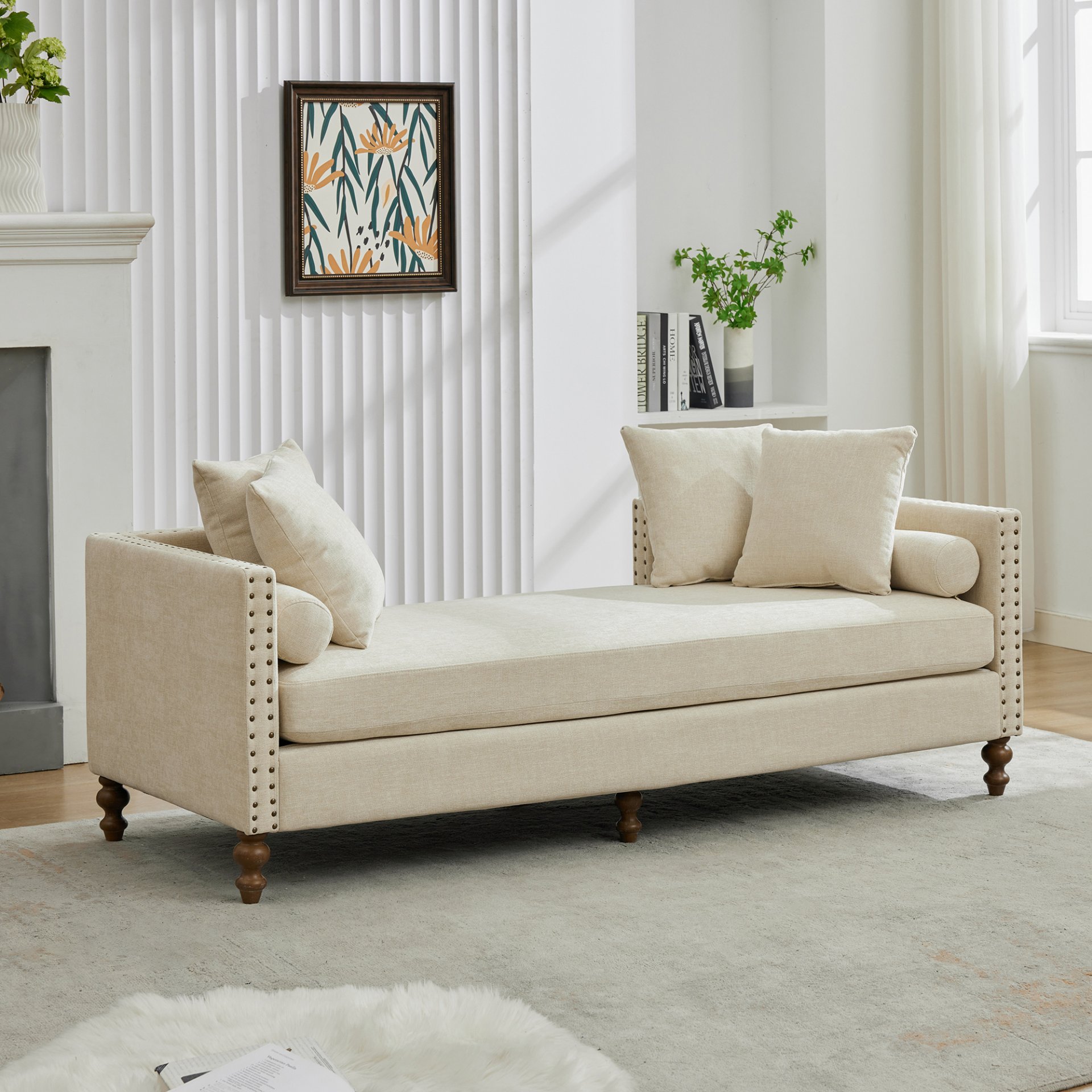Chenille Upholstered Chaise Lounge With Nailheads, Sleeper Sofa Couch With 4 Throw Pillows & 2 Bolsters, Daybed With Rubberwood Legs - Beige - Image 3