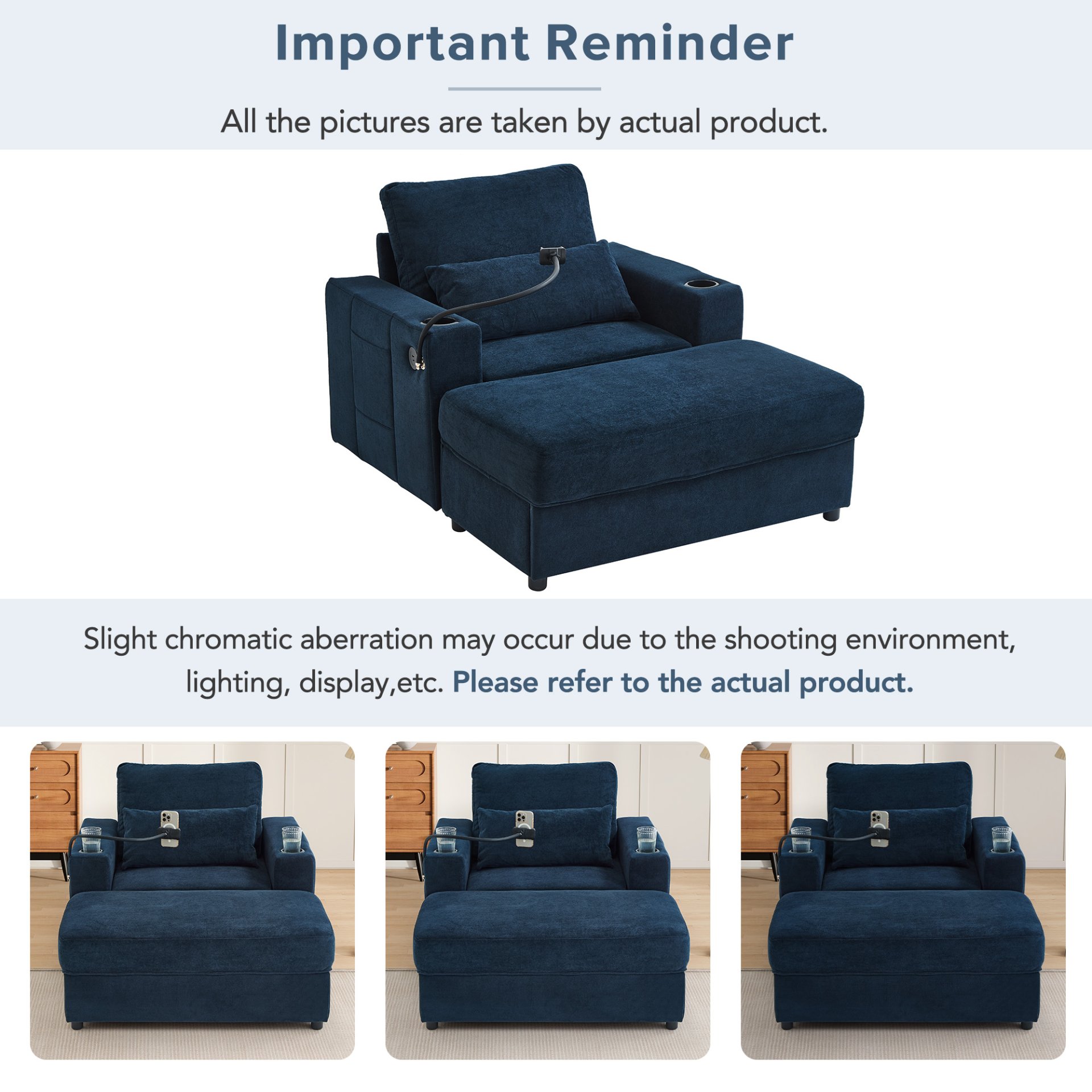 Modern Style Armchair Chaise Lounge Sofa Couch With Movable Storage Ottoman, USB Ports, Cup Holders, Phone Holder, Side Pockets - Blue - Image 8