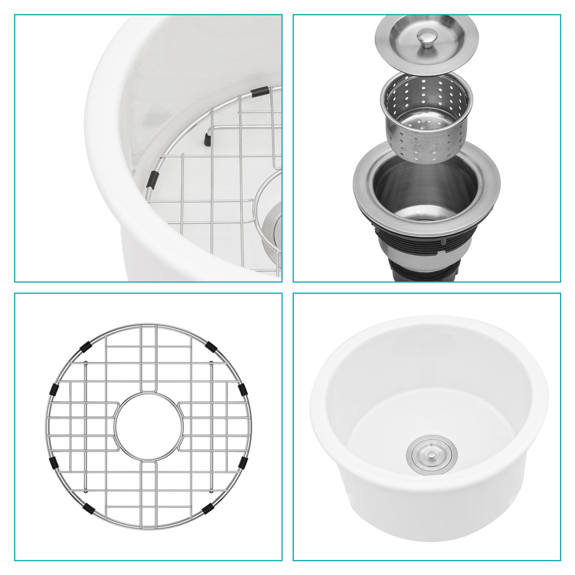 Ceramic Circular Kitchen Sink With Drain Assembly And Bottom Grid, 18" Dual Mount - White - Image 7