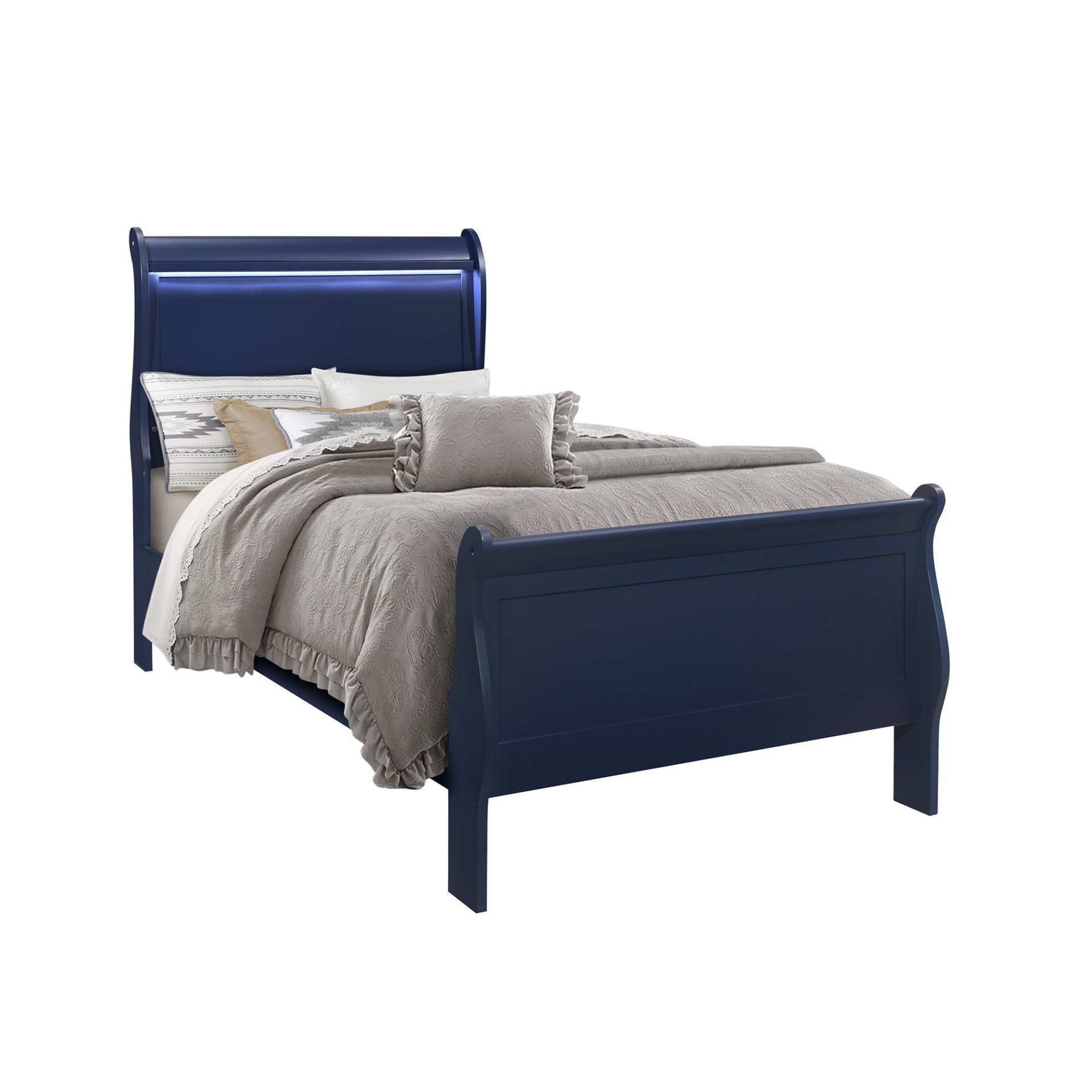 Charlston - Twin Bed With LED, Sleigh Bed - Blue - Image 7