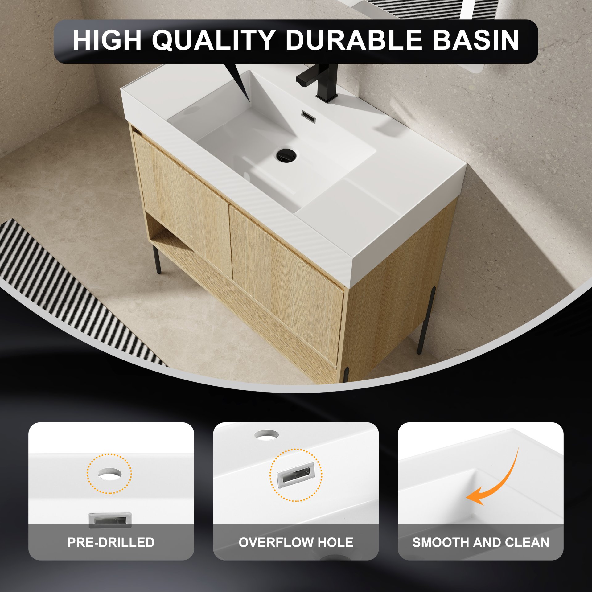 Modern 36" Bathroom Vanity Combo With Single Resin Sink And Storage Cabinet - Oak - Image 4