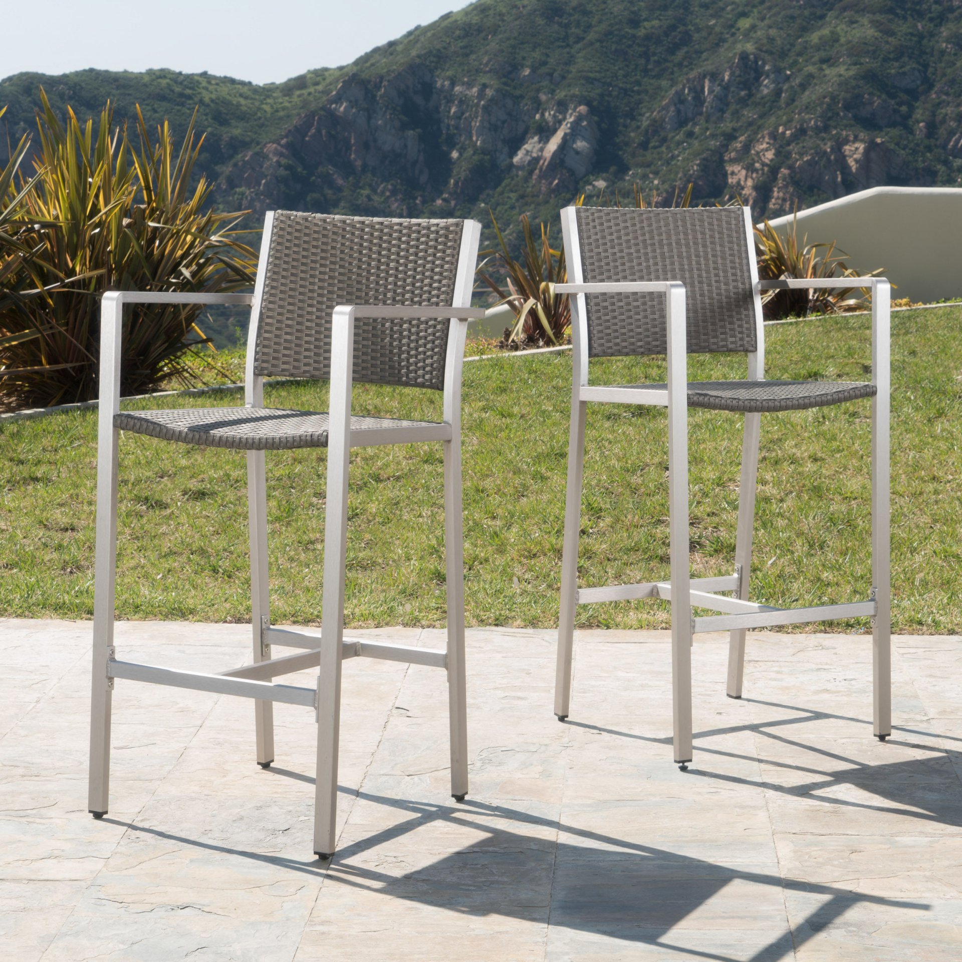 Outdoor Rust Proof Aluminum Barstools With Rattan Seat And Backrest - Silver / Gray - Image 7