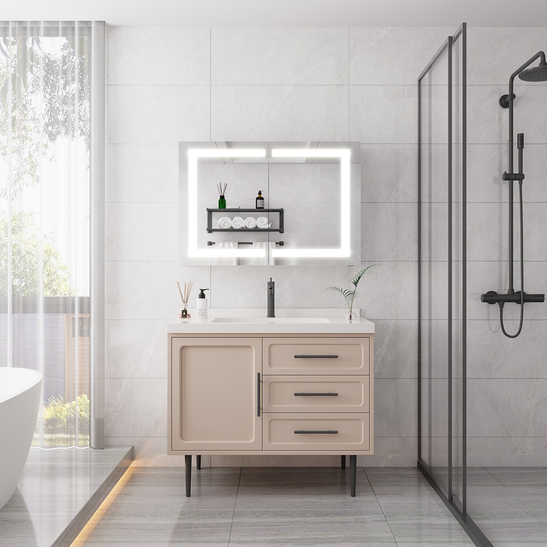 Bathroom Medicine Cabinet With Lights, LED Medicine Cabinet With Mirror, Wall Cabinet With Shelves, Double Door Lighted Medicine Cabinet With Defogger, Dimmable, Wall Mount - Silver - Image 10
