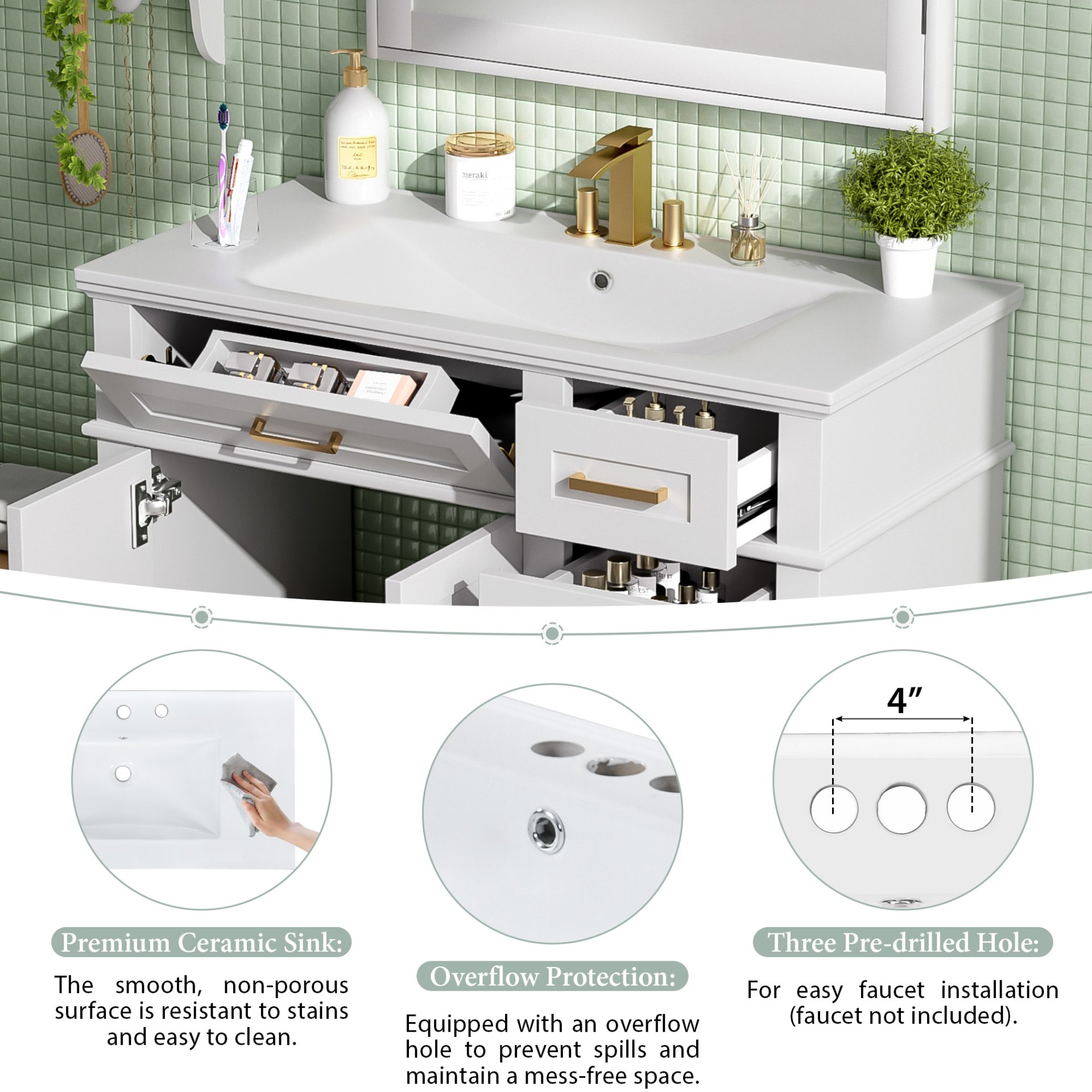 Bathroom Vanity With Sink, Soft Close Doors, And Storage Drawers, 36" - White - Image 9