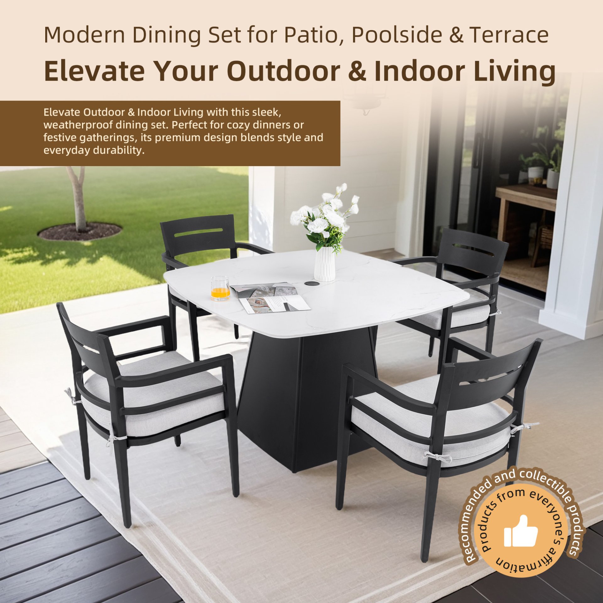 5 Pieces Outdoor Patio Dining Set, Squircle Dining Table, 4 Dining Chairs With Sunbrella Cushions - Ember Black - Image 4