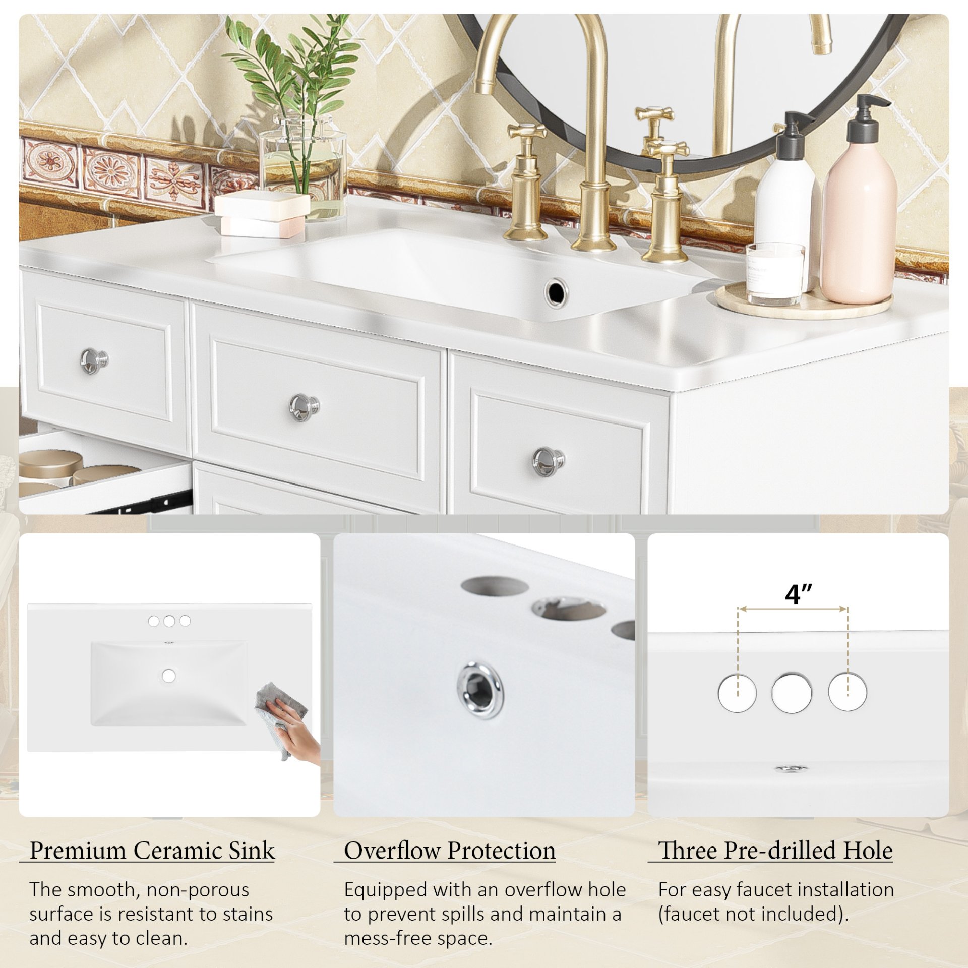 36" Bathroom Vanity With Sink, Soft Close Doors, And Adjustable Shelves Solid Frame - White - Image 9