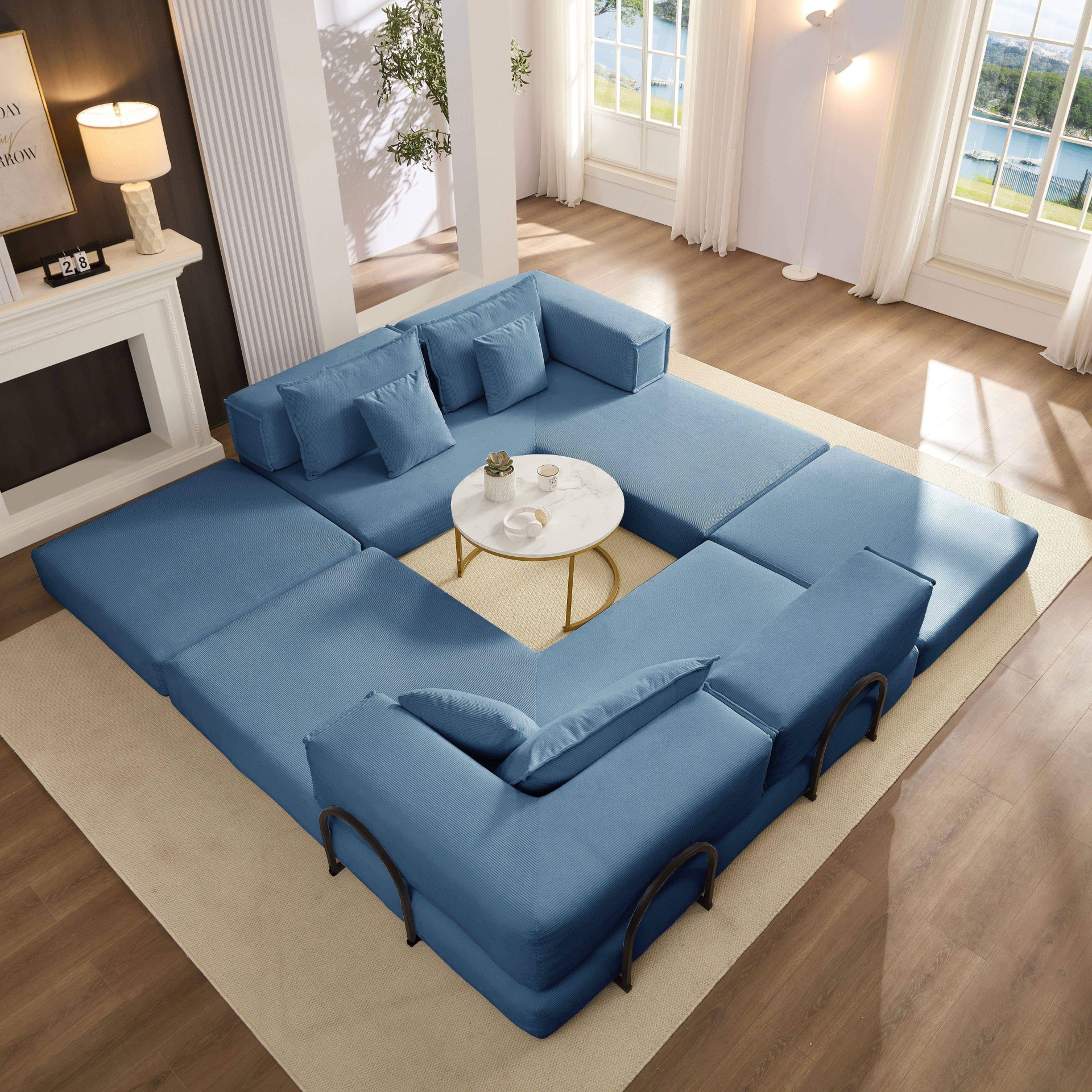 Oversized Upholstered Sectional Sofa Couch Set, Modular L Shaped Floor Sofa Set With 6 Pillows For Living Rooms - Blue - Image 6