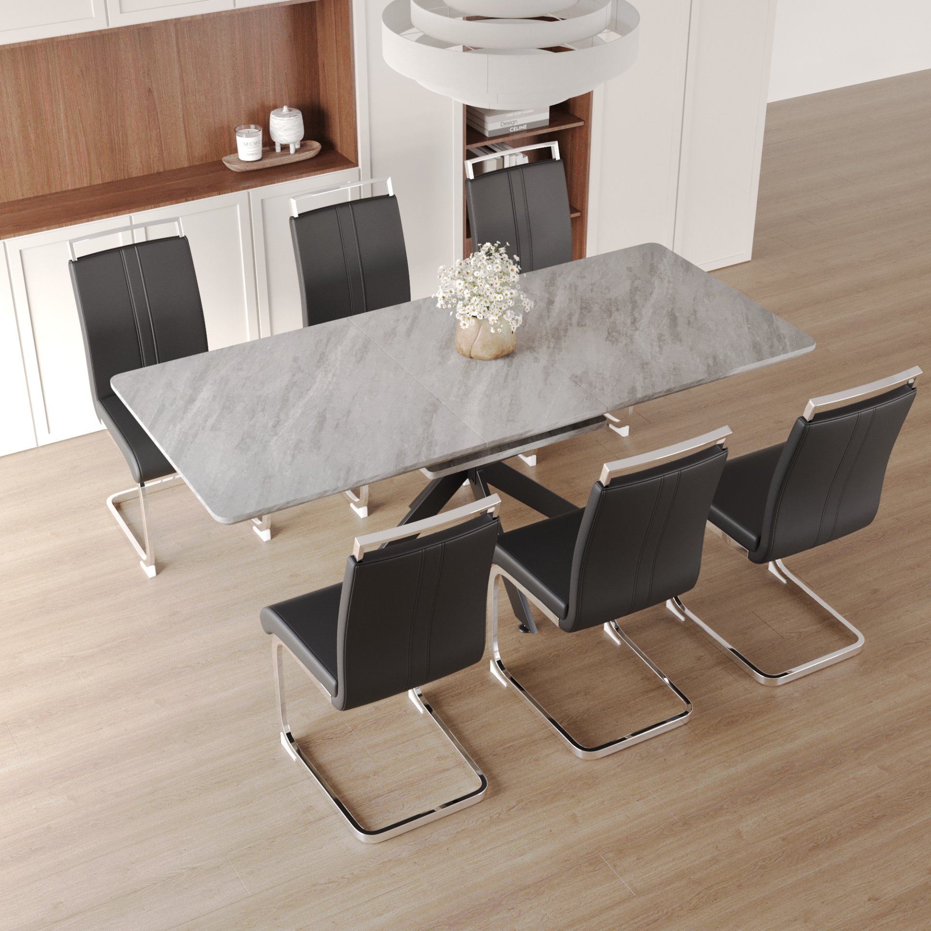 Modern Extendable Dining Table Set For 6 - 8 - Black / Gray - Image 7