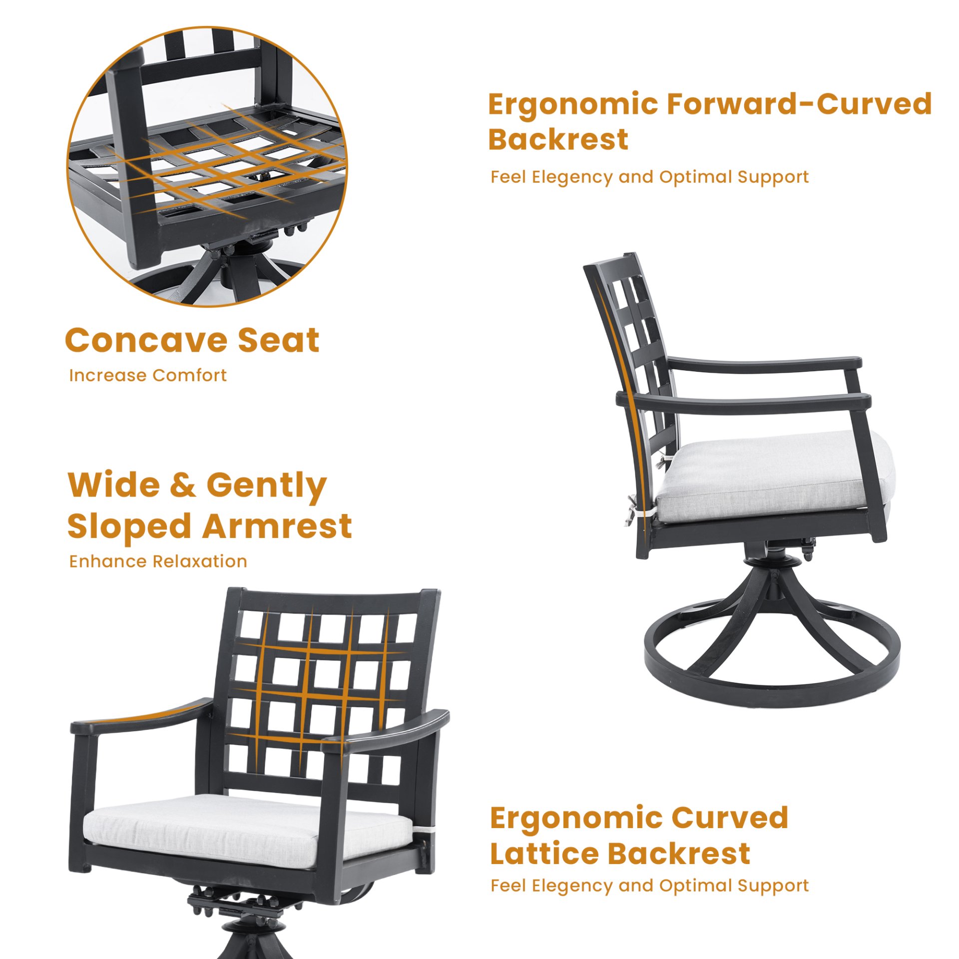 5 Pieces Outdoor Patio Dining Set, Rectangular Table & 4 Swivel Rock Dining Chairs With Sunbrella Cushion - Ember Black - Image 8