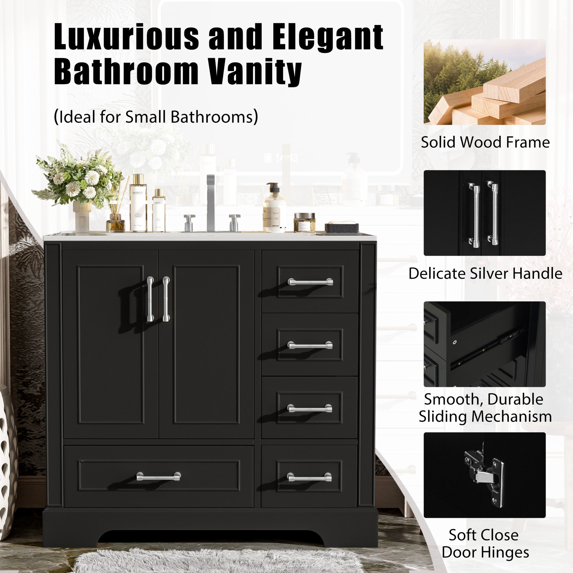 Traditional 36" Bathroom Vanity With Sink And Cabinet With Soft Close Doors And Drawers - Black - Image 7