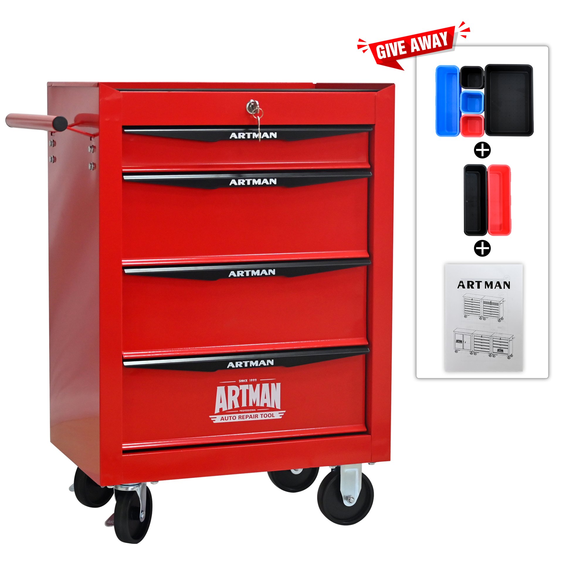Rolling Metal Tool Chest With 4 Drawers, 20" Steel Storage Cabinet With Ball Bearing Slides - Red / Black - Image 5