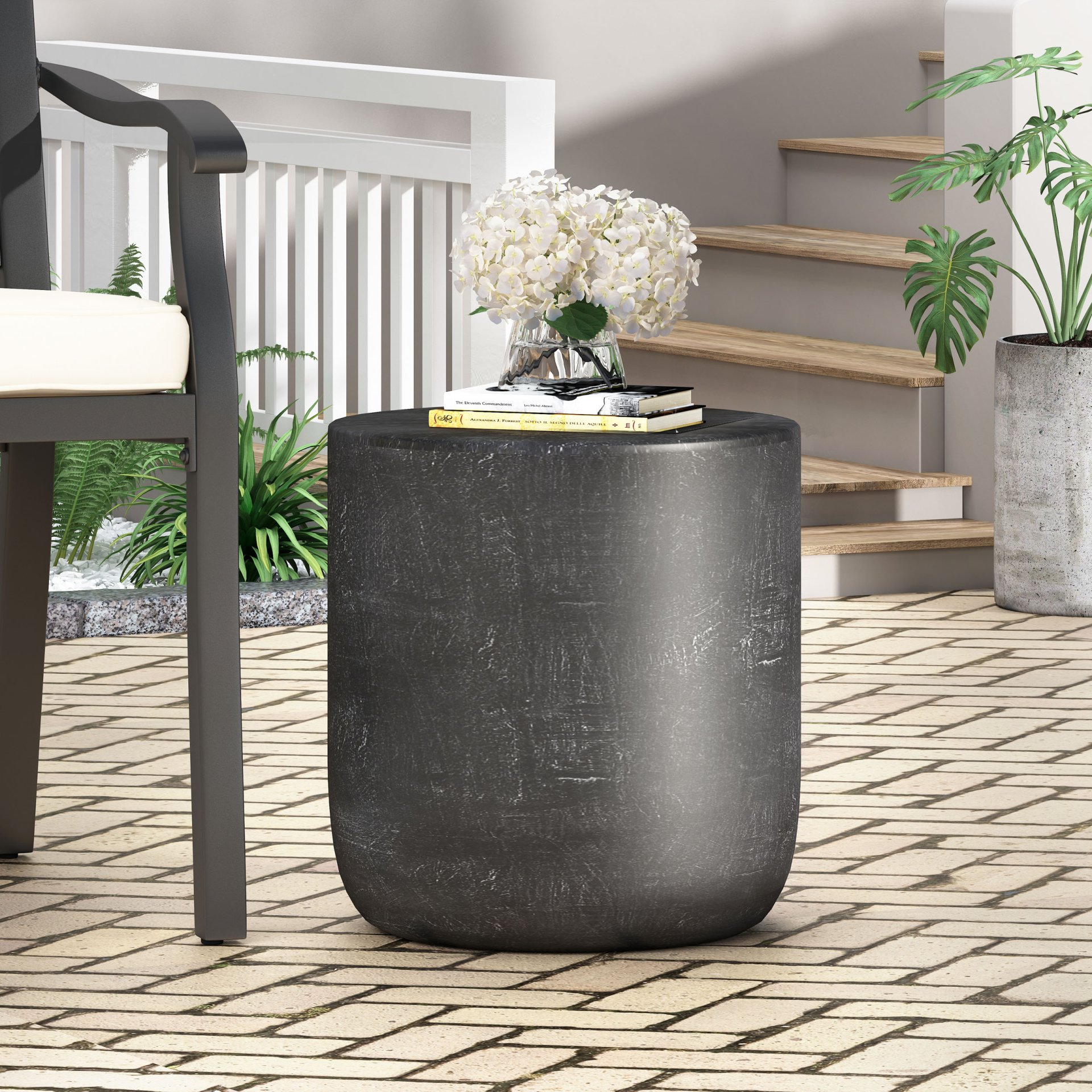 Outdoor Lightweight Concrete End Table With Natural Texture - Matte Black - Image 4