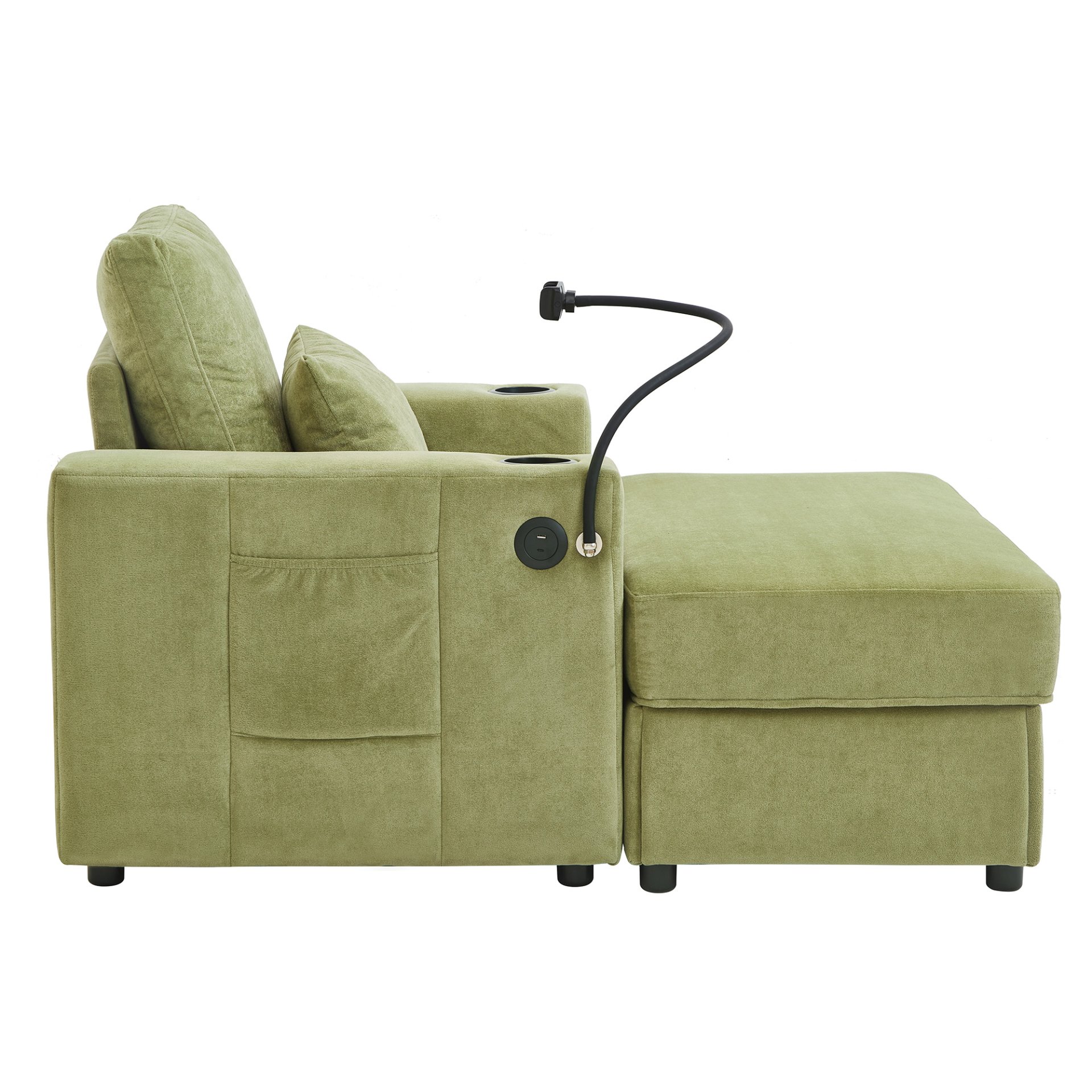 Modern Style Armchair Chaise Lounge Sofa Couch With Movable Storage Ottoman, USB Ports, Cup Holders, Phone Holder, Side Pockets - Green - Image 18
