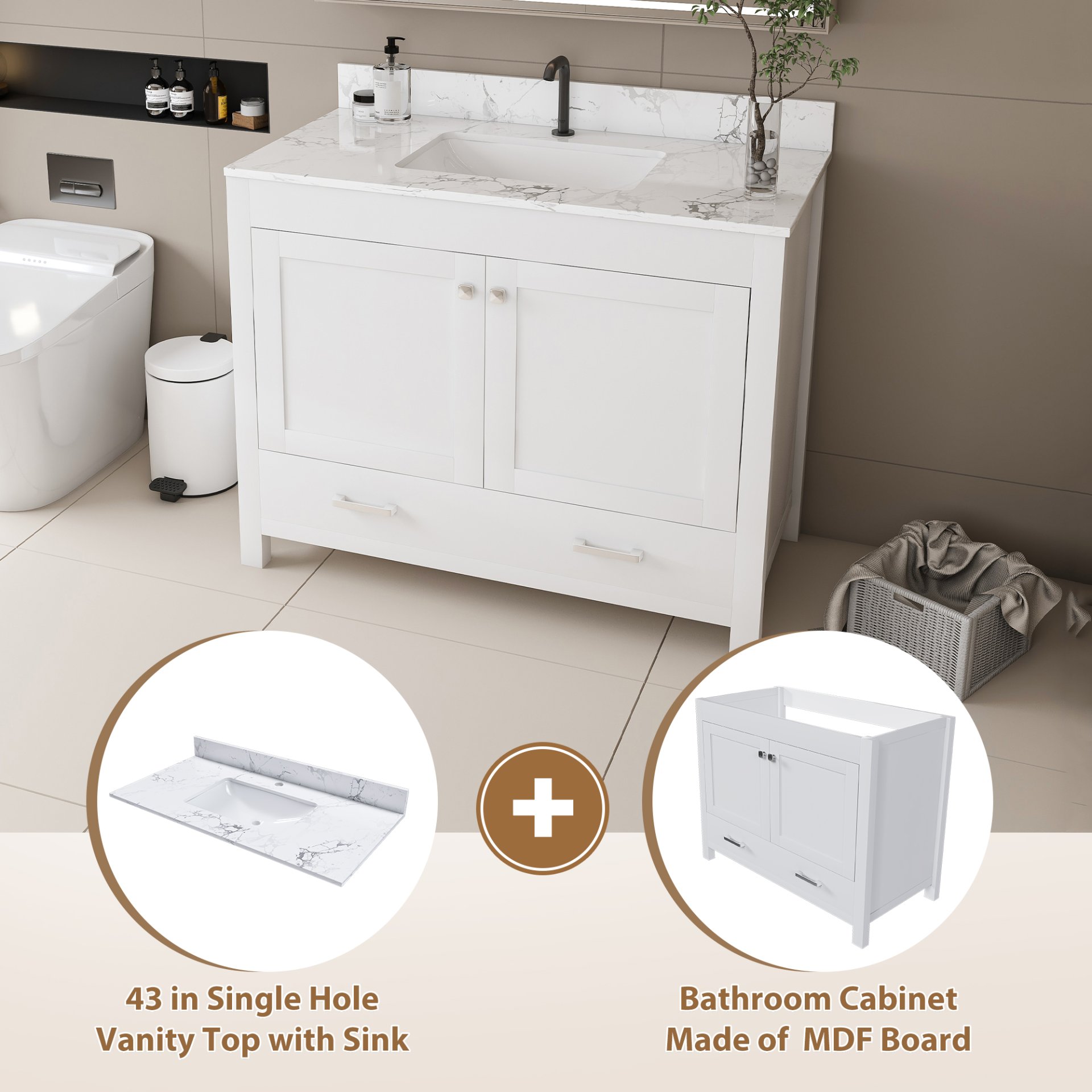 43" Bathroom Vanity With Artificial Marble Carrara Top Set, Multi Functional Cabinet With Doors And Drawer - White - Image 6