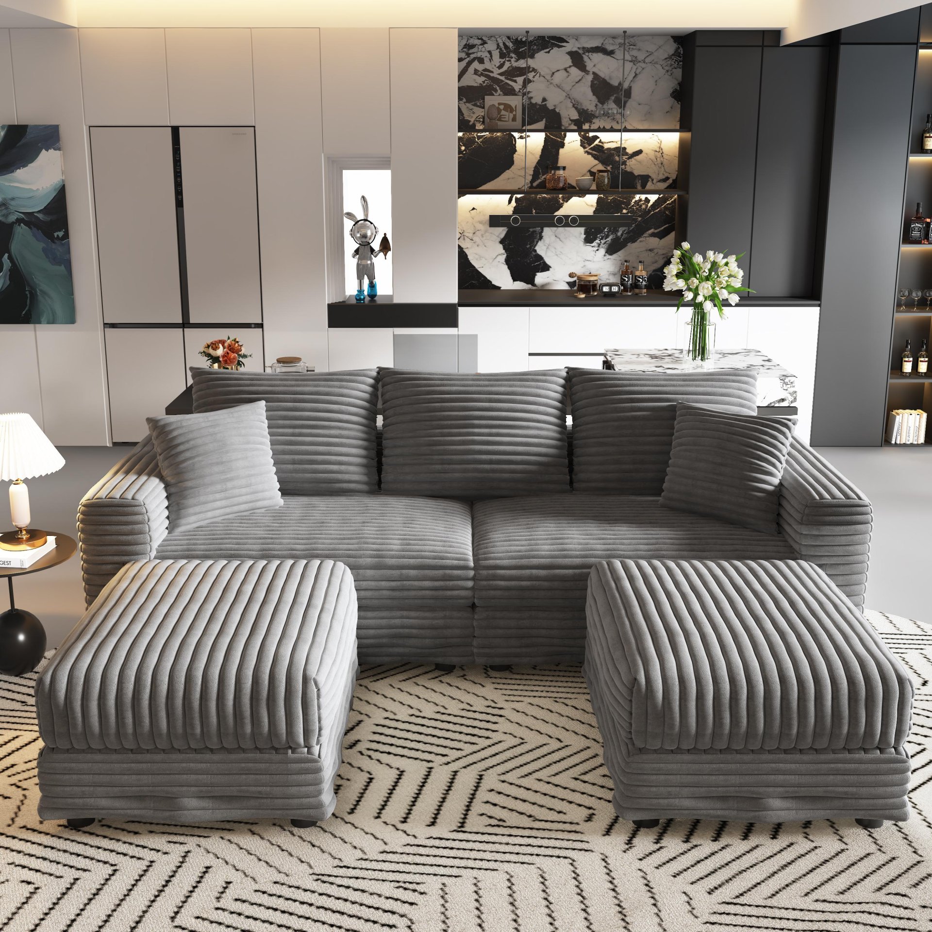 3 Seat Sofa, Deep Seat Couches With Soft Pillows And 2 Ottomans, Convertible Sofa Lounge Chair, For Living Room - Gray - Image 16
