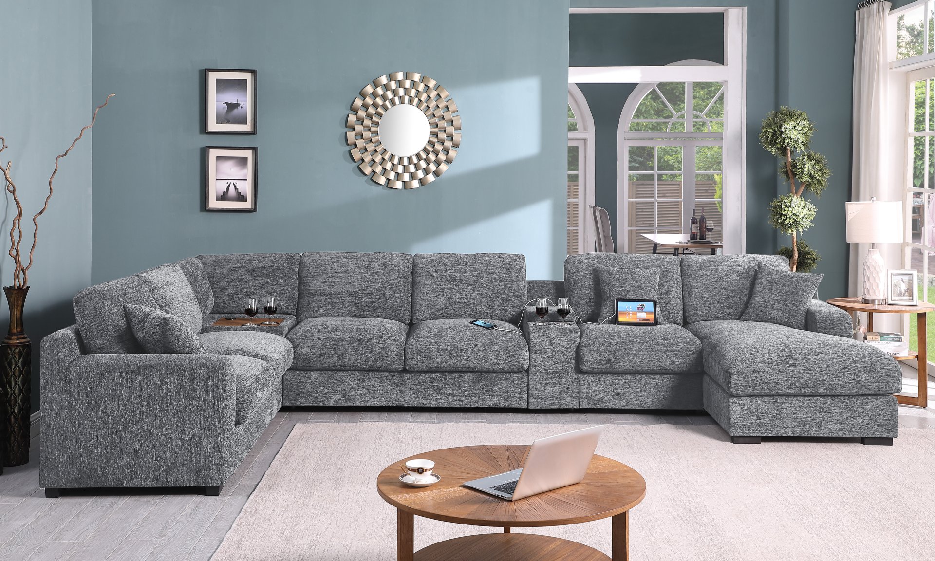 Celine - Chenille Fabric Corner Sectional Sofa With Right Facing Chaise, Cupholders, And Charging Ports - Light Gray - Image 8