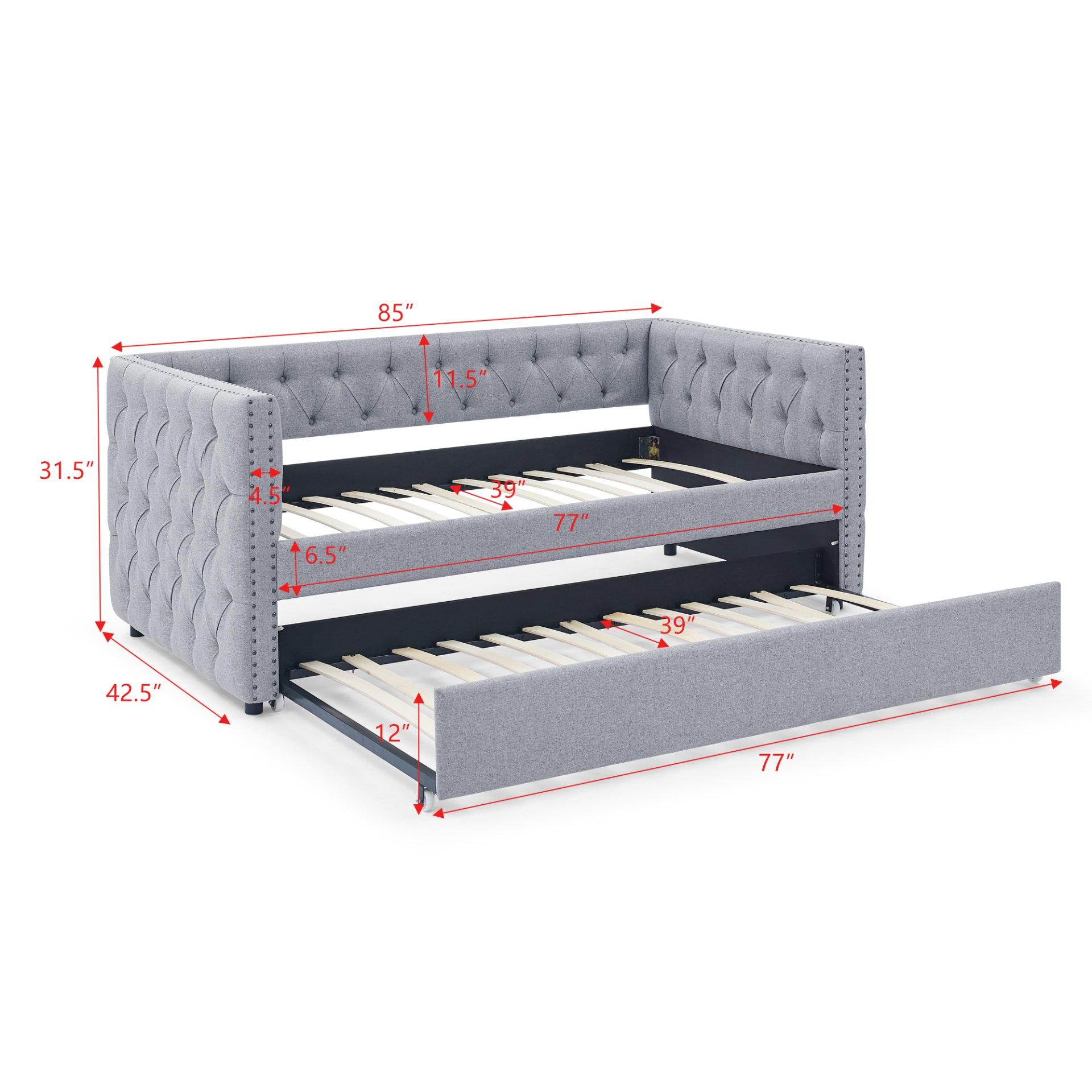 Mid Century Inspired Upholstered Twin Size Daybed With Trundle Button Tufted Linen - Gray - Image 3