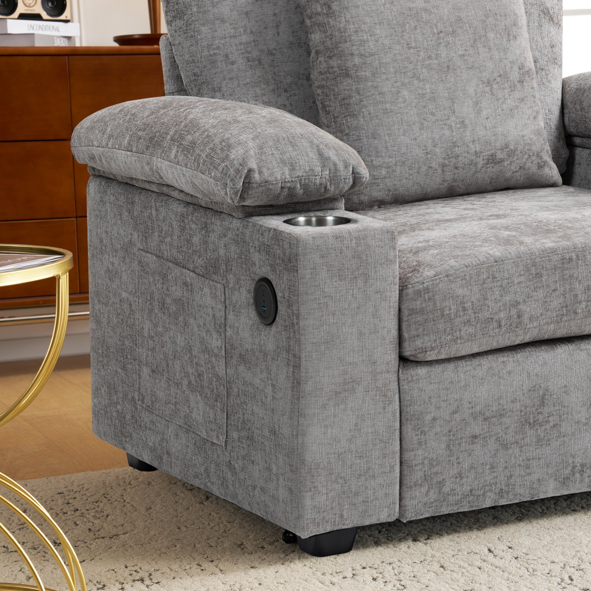 Modern Oversized Chair With Ottoman, Chenille Fabric Sofa Bed, Accent Chair Comfy Sofa With Cupholders And USB Charging Ports Chair For Living Room - Gray - Image 6