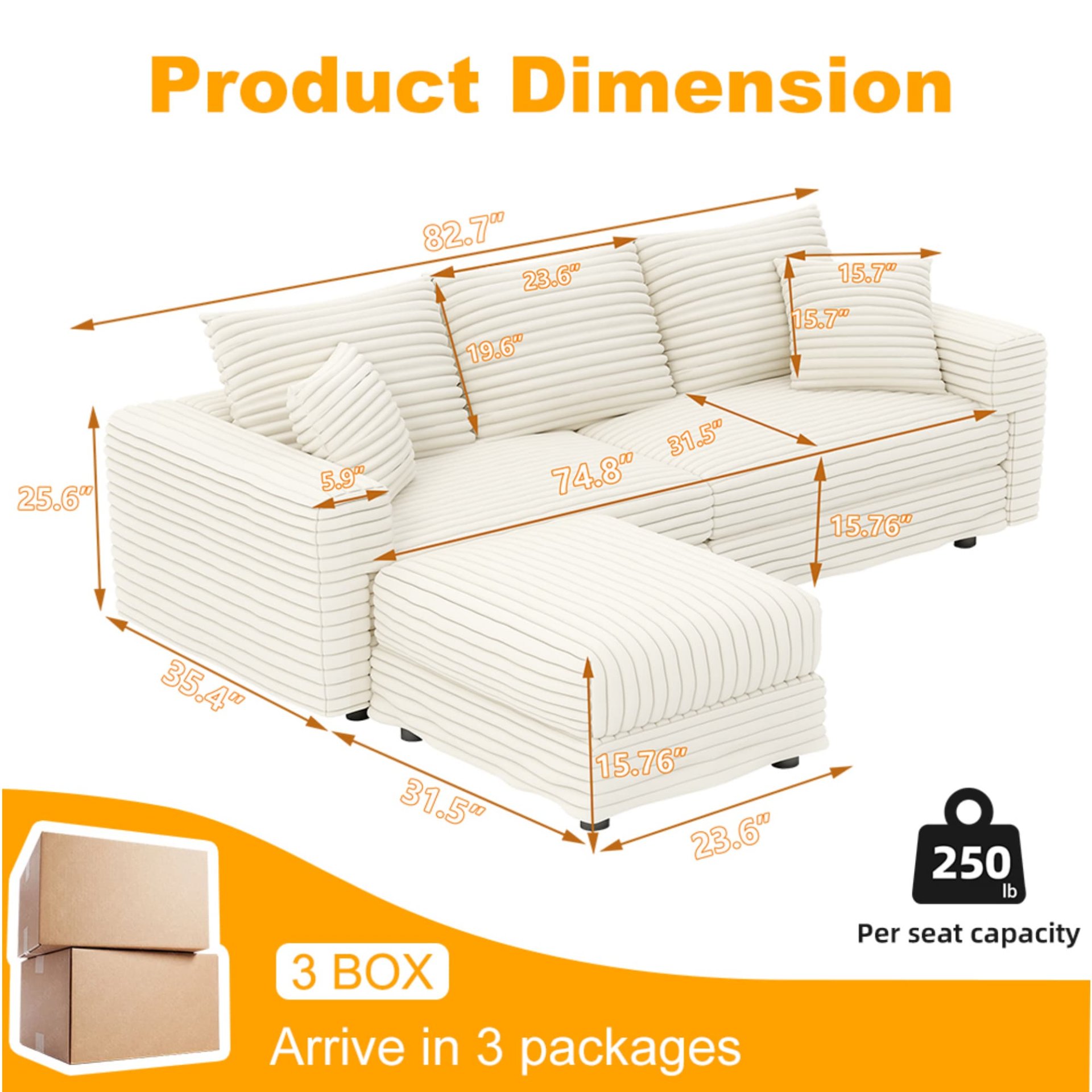 3 Seat Sofa, Deep Seat Couches With Soft Pillows And 1 Ottomans, Convertible Sofa Lounge Chair, For Living Room - Beige - Image 4