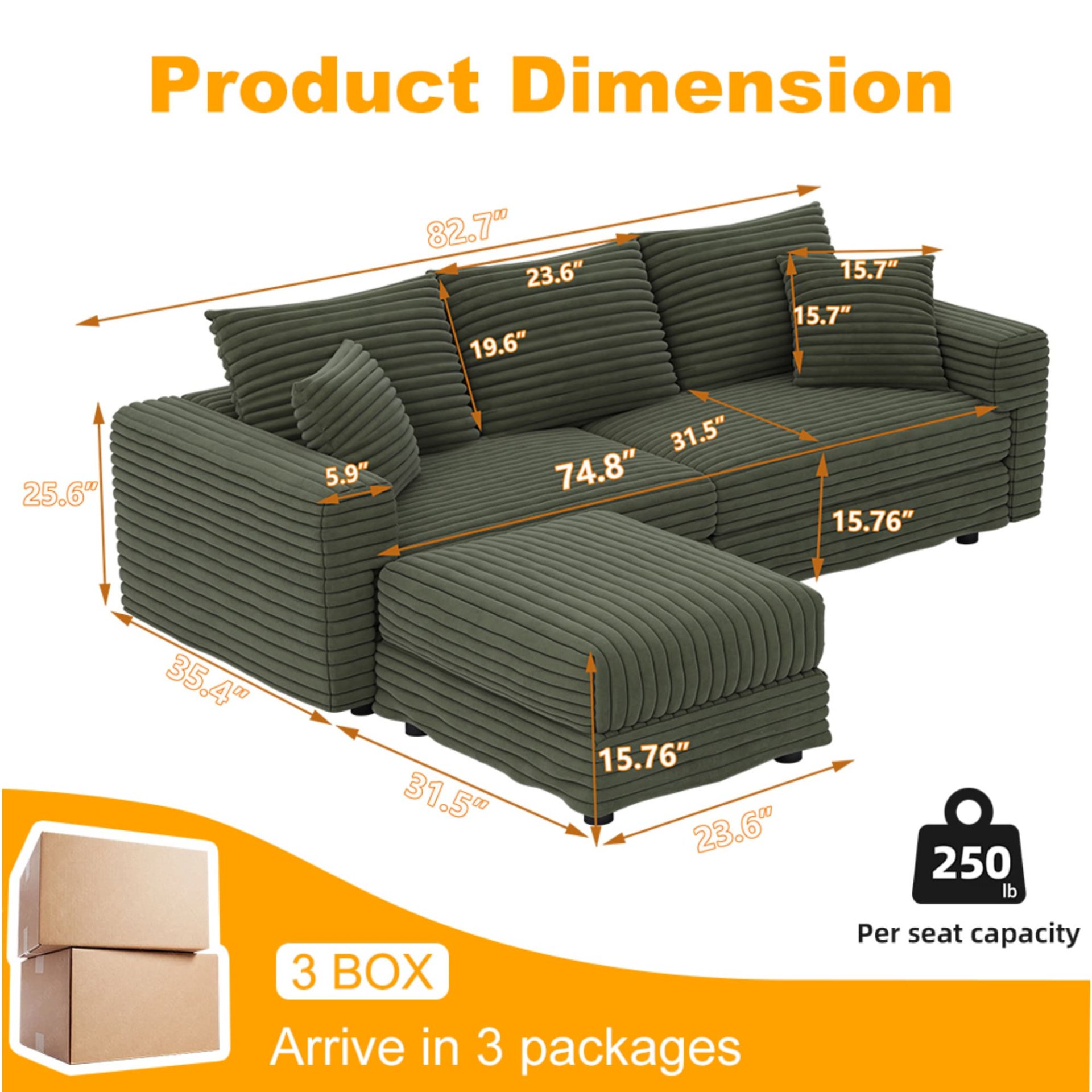 3 Seat Sofa, Deep Seat Couches With Soft Pillows And 1 Ottomans, Convertible Sofa Lounge Chair, For Living Room - Green - Image 8