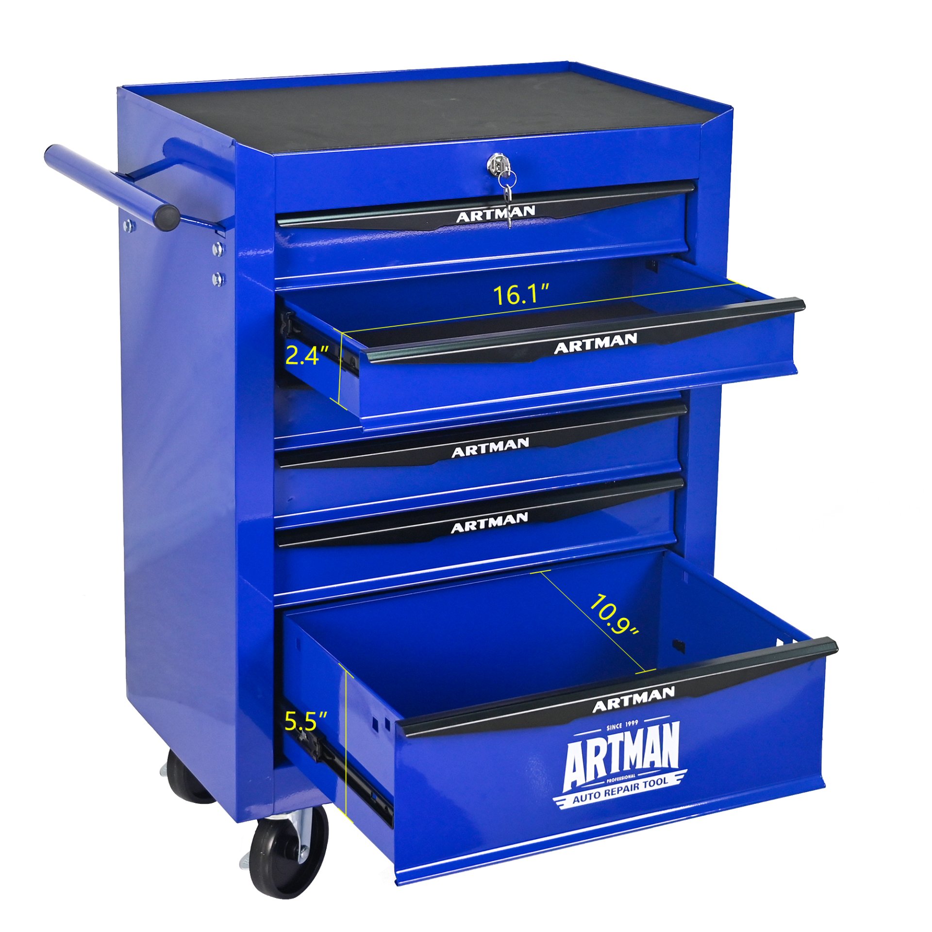 Rolling Metal Tool Chest With 6 Drawers, 20" Steel Storage Cabinet With Ball Bearing Slides - Black / Blue - Image 9