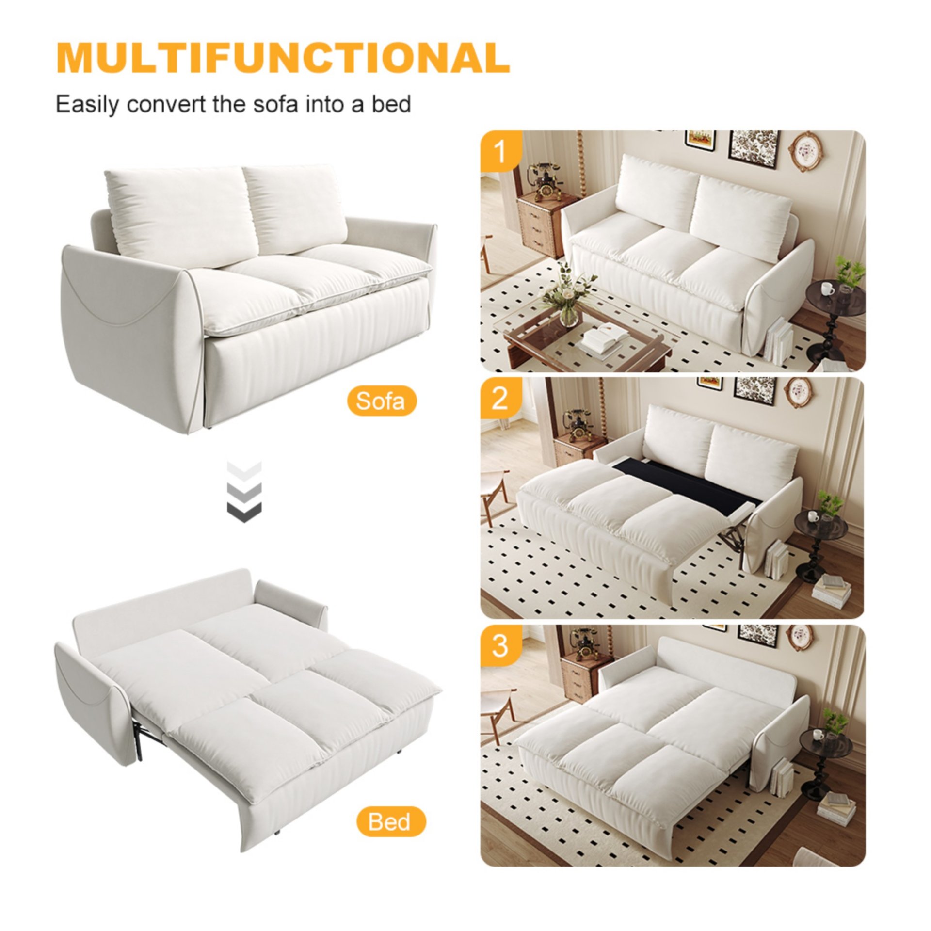 Pull Out Sofa Bed, 3 Seat Convertible Sleeper Sofa With 2 In 1 Pillow And Blanket Set Multifunctional Velvet Loveseat Bed - Beige - Image 12