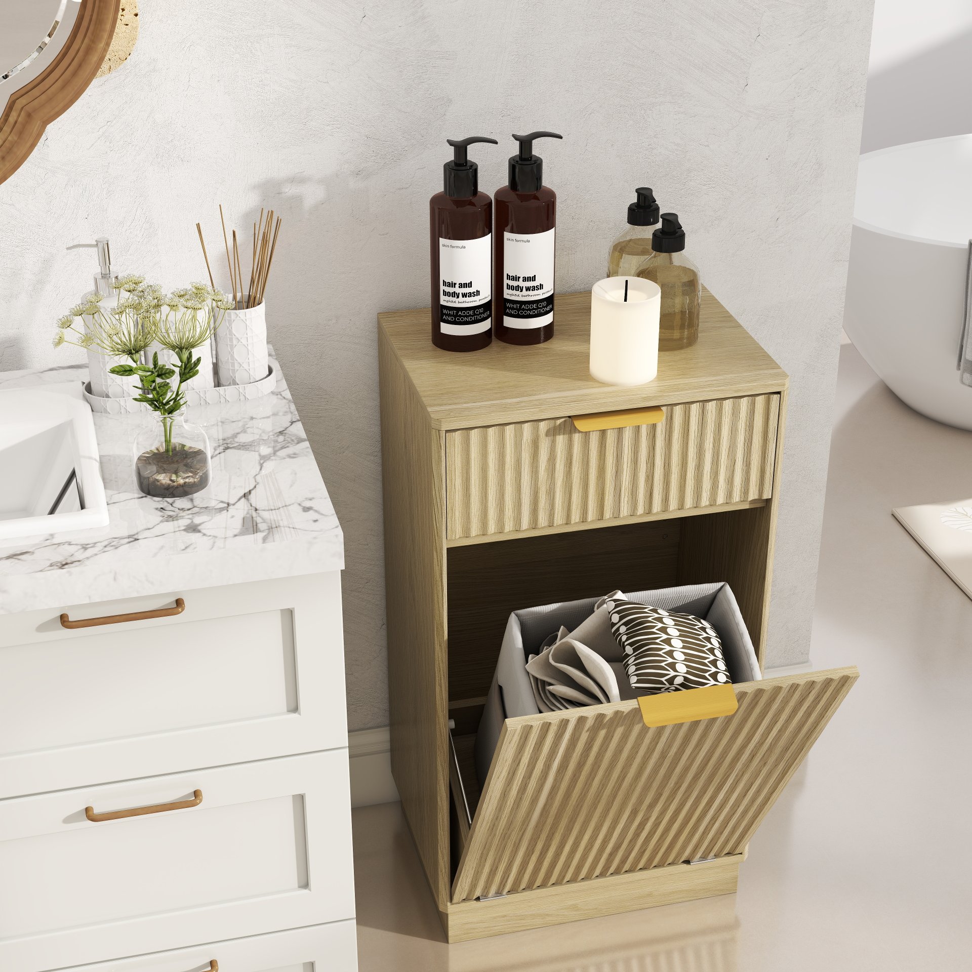 10 Gallon Tilt Out Trash Can Cabinet With Wave Textured Drawer - Oak - Image 13