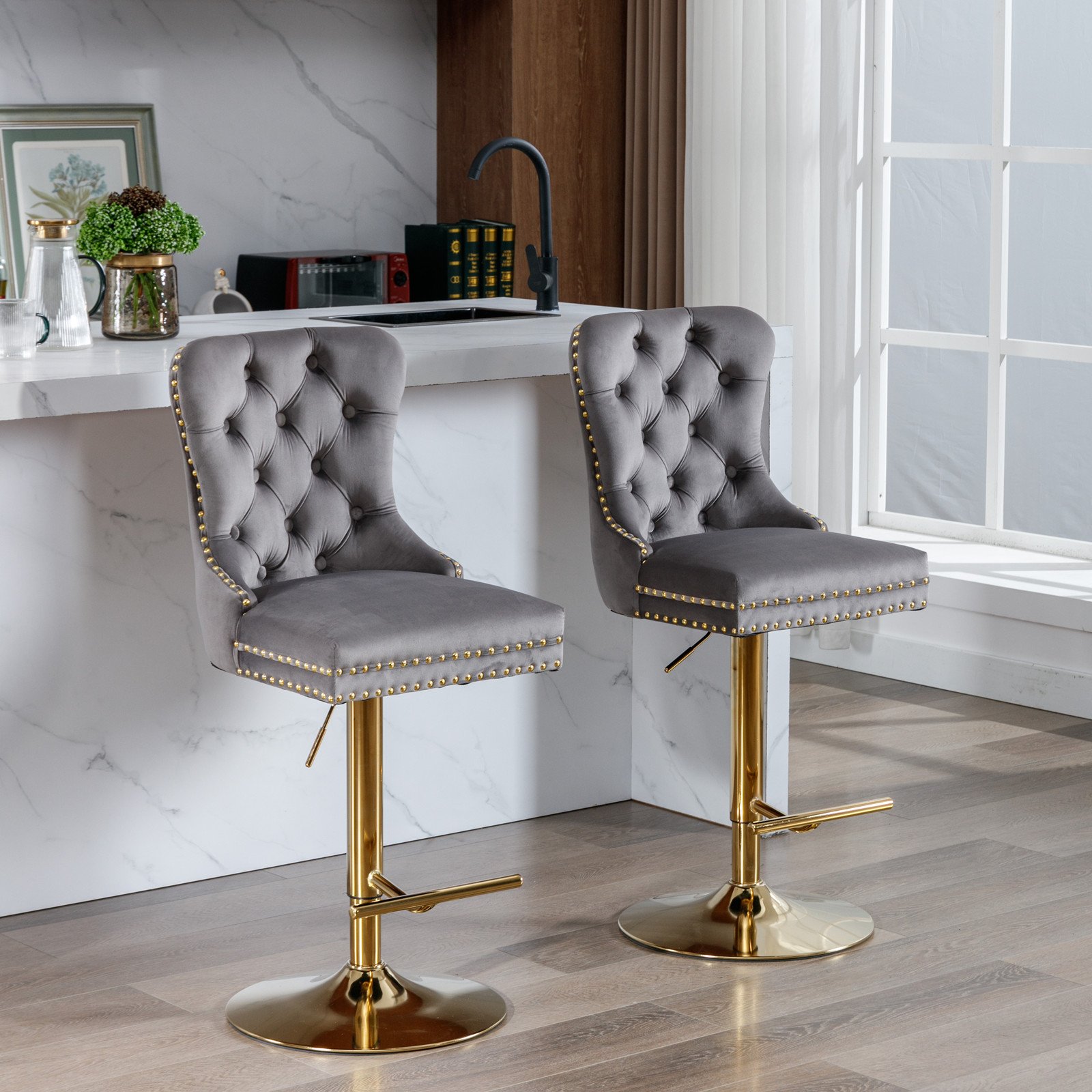 Thick Golden Swivel Velvet Barstools Adjusatble Seat Height From 25-33", Modern Upholstered Bar Stools With Backs Comfortable Tufted For Home Pub And Kitchen Island (Set of 2) - Gray - Image 4