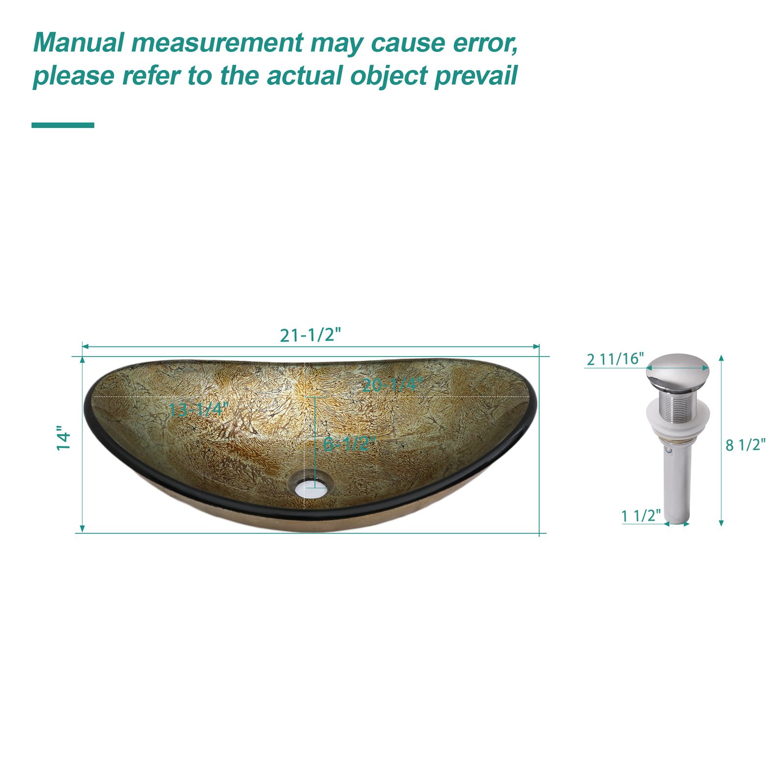 Vessel Sink With Chrome Pop Up Drain, Boat Shape Bathroom Sink Above Counter - Gold - Image 3