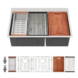 Topmount Drop In Kitchen Sink, Double Bowl 60 / 40 Kitchen Sink 16 Gauge Stainless Steel - Brushed Nickel