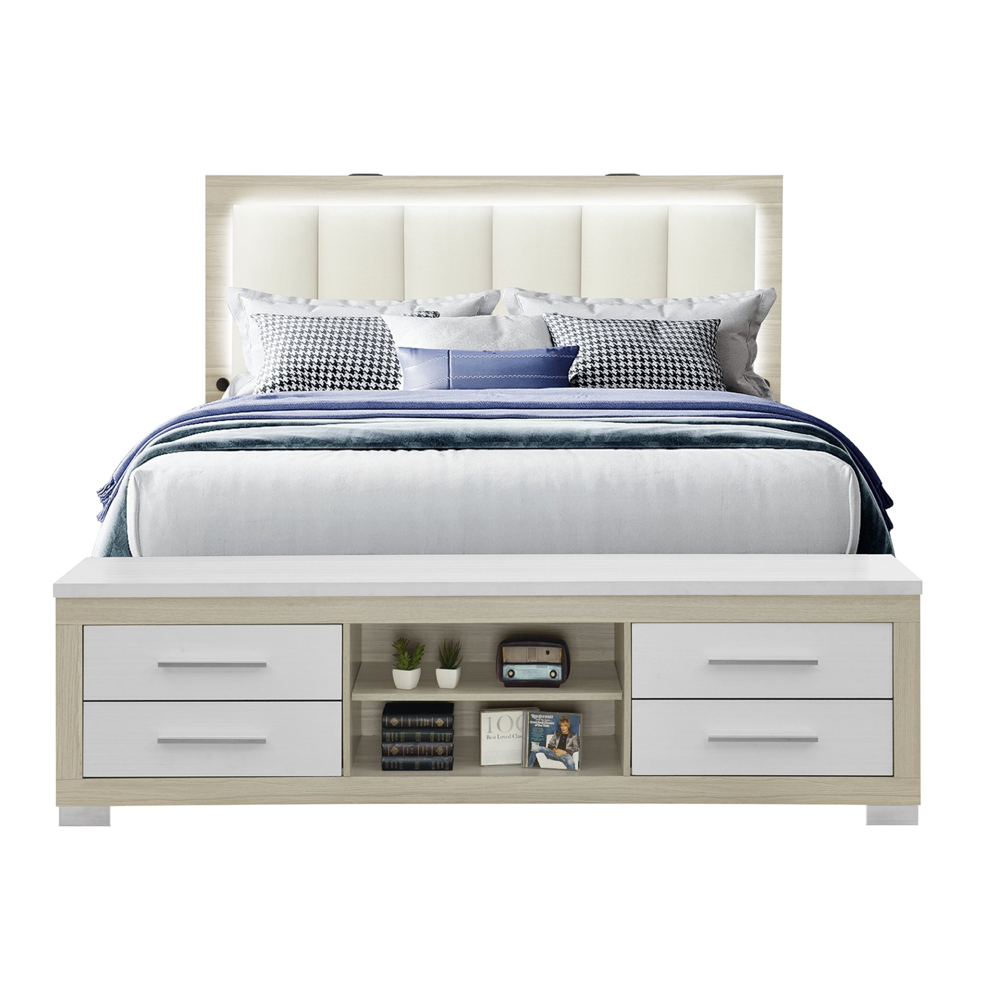 Messa - Queen Bed With Bookcase Headboard And Storage - Natural / White - Image 7
