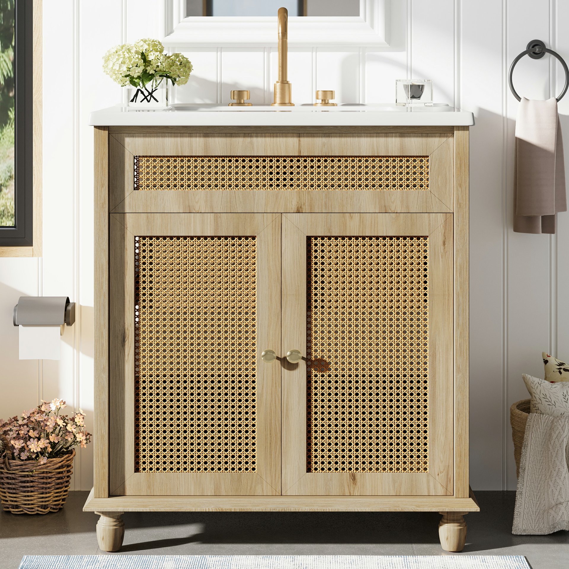 Bathroom Vanity With Handwoven Rattan Doors, Resin Basin - Natural Wood - Image 2