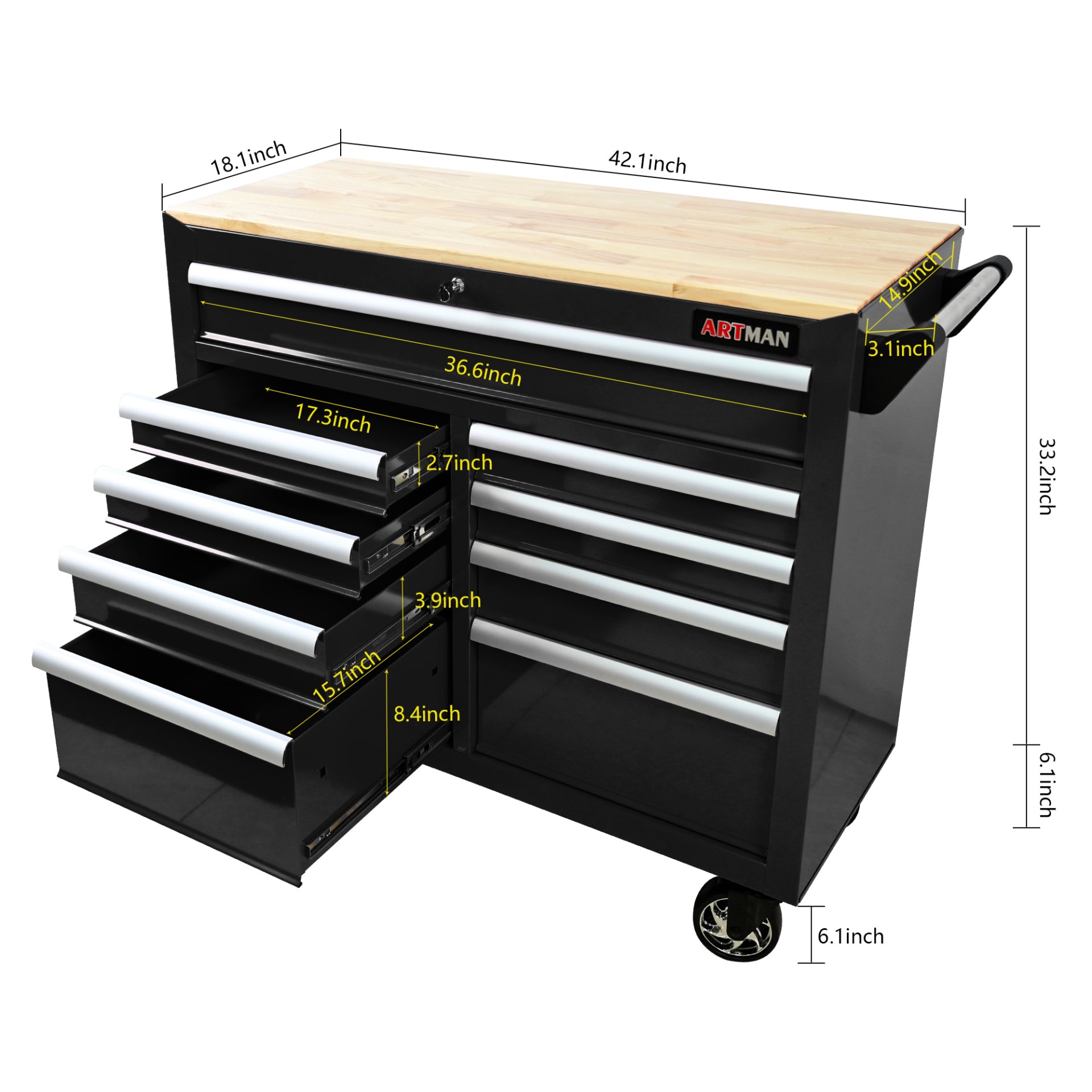 9 Drawer Multifunctional Steel Tool Cart With Wheels And Wooden Top - Black - Image 3