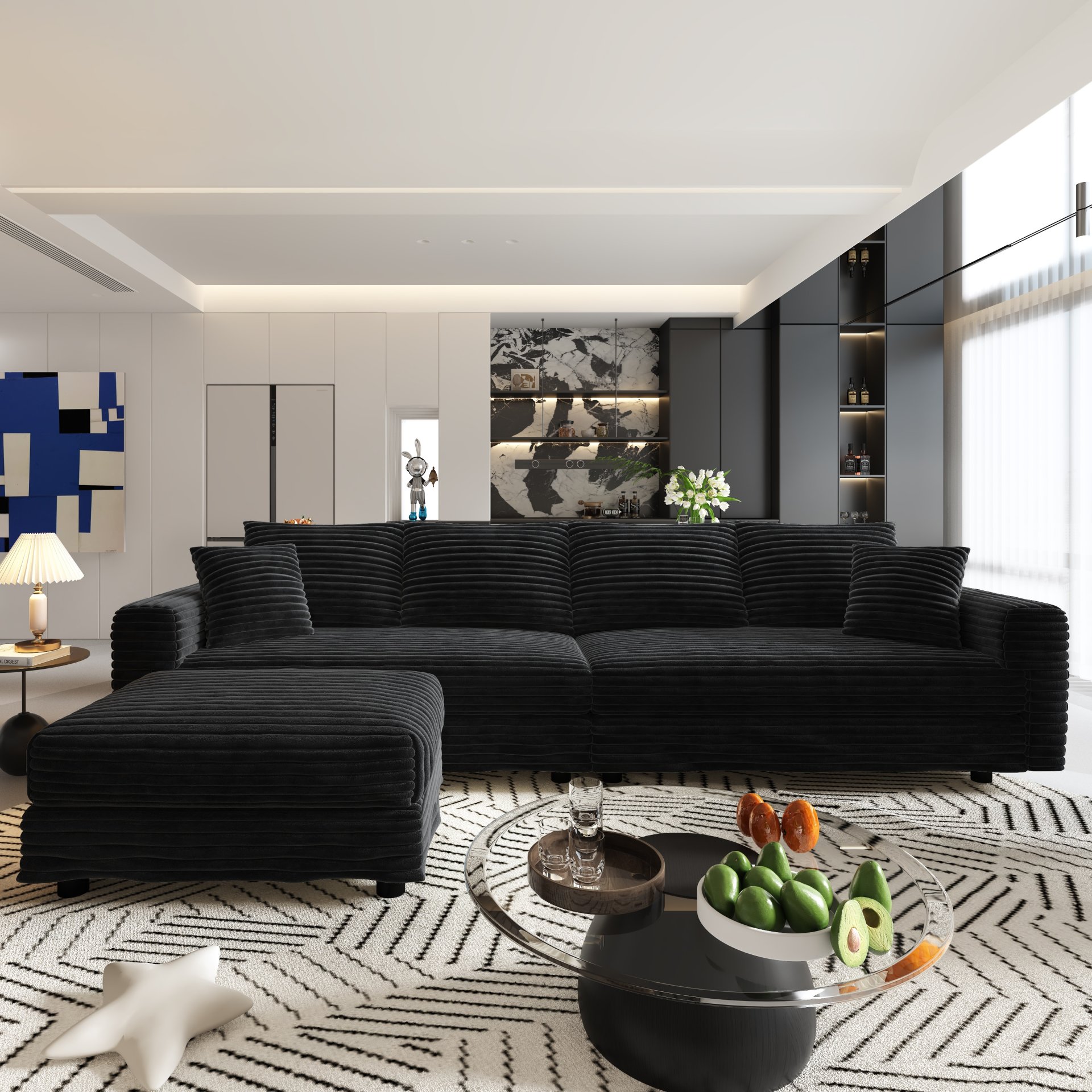 4 Seat Sofa, Deep Seat Couches With Soft Pillows And Movable Ottoman, Convertible Sofa Lounge Chair, For Living Room - Black - Image 7