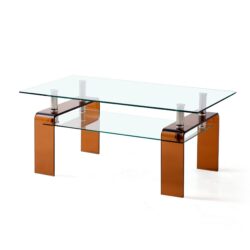 Modern Tempered Glass Coffee Table With 2 Tier Storage And Brown Legs For Living Room - Transparent