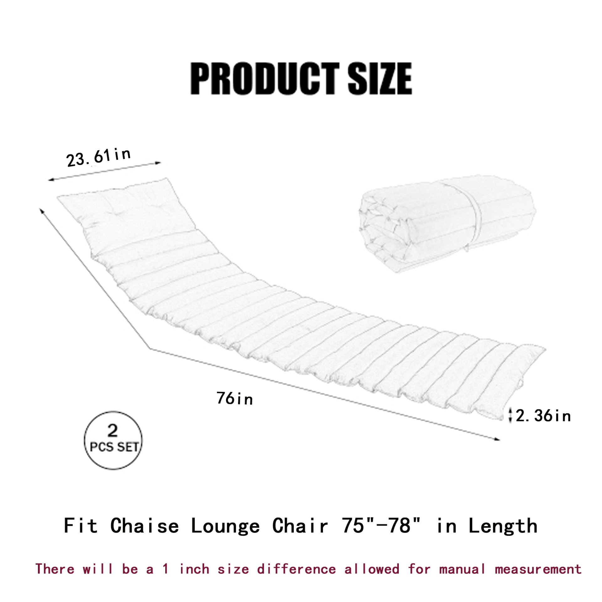 2 Piece Outdoor Chaise Lounge Chair Cushion Set, Polyester Replacement Seat Pads - Gray - Image 3