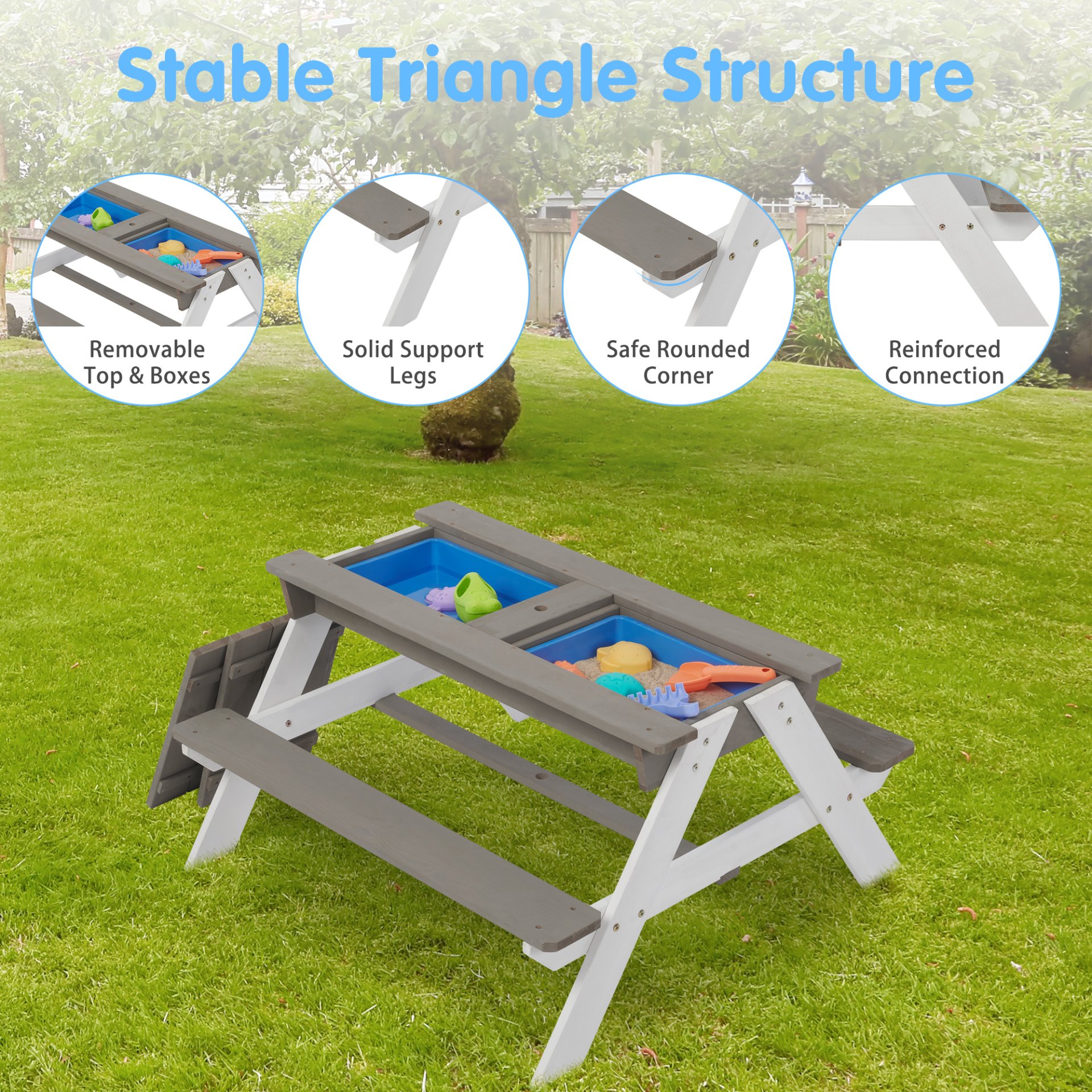3-In-1 Kids Outdoor Wooden Picnic Table With Umbrella, Convertible Sand & Water, ASTM & CPSIA Certification - Gray - Image 6