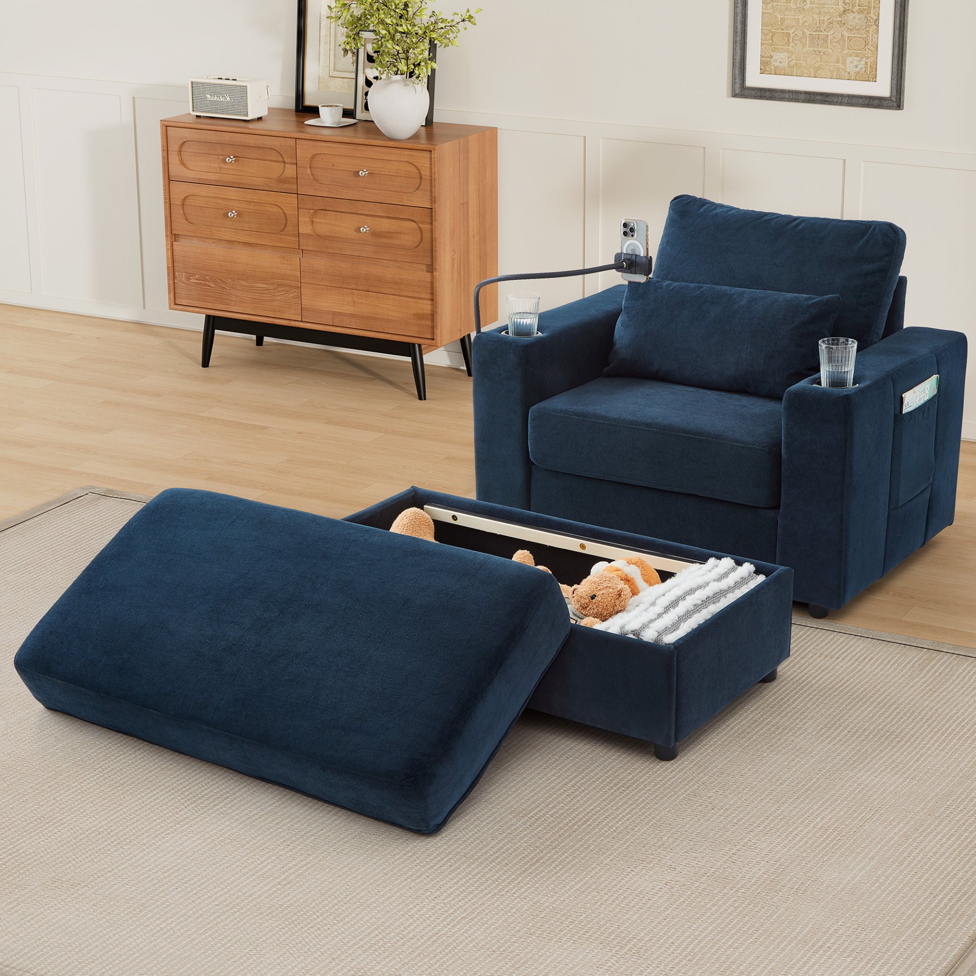 Modern Style Armchair Chaise Lounge Sofa Couch With Movable Storage Ottoman, USB Ports, Cup Holders, Phone Holder, Side Pockets - Blue - Image 13