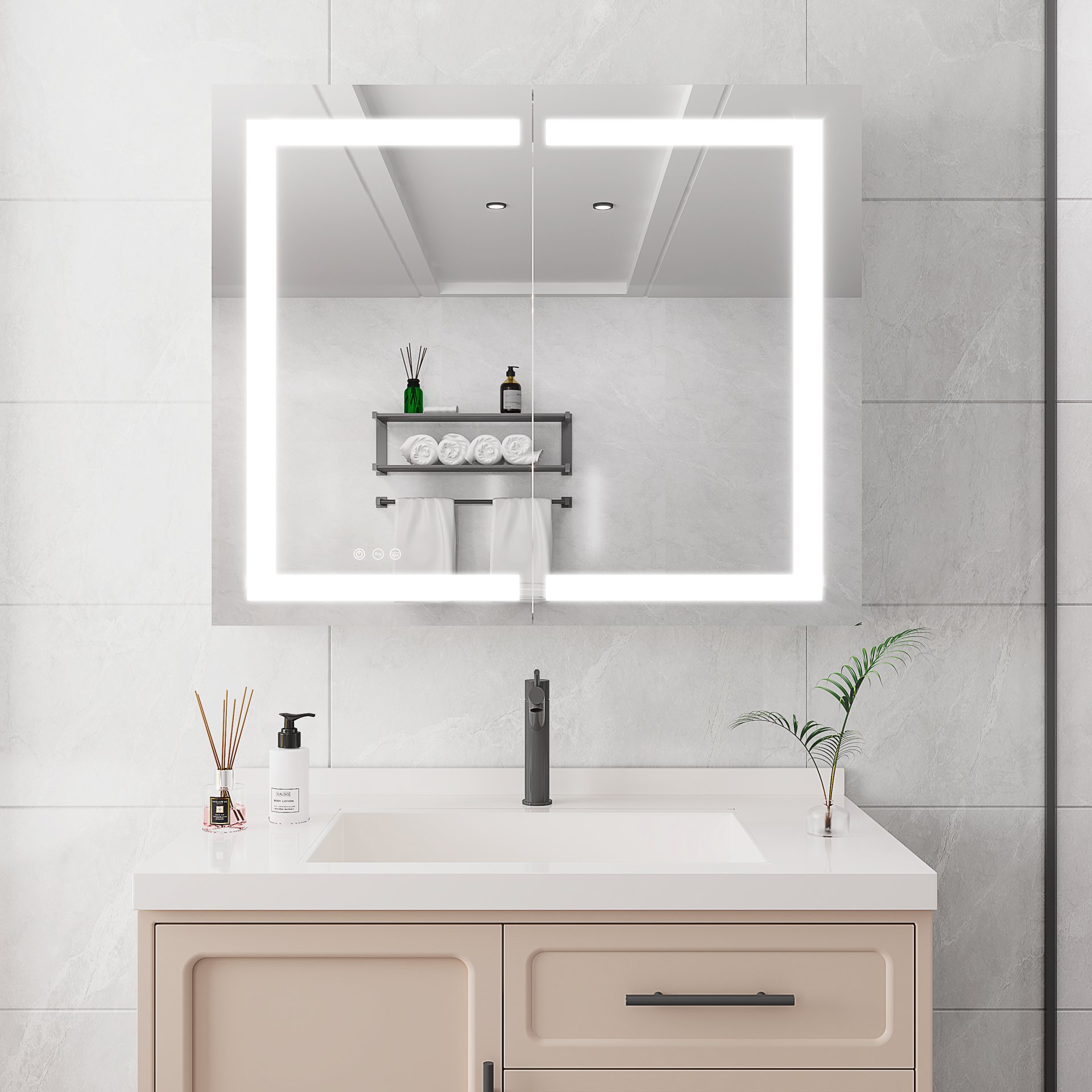 36" X 30" Medicine Cabinet With LED Vanity Mirror, Anti-Fog, Recessed Or Surface Mount, Waterproof, Dimmable, Aluminum 3000K~6000K Lighted Double Door Bathroom Cabinet With Touch Switch - Silver - Image 11