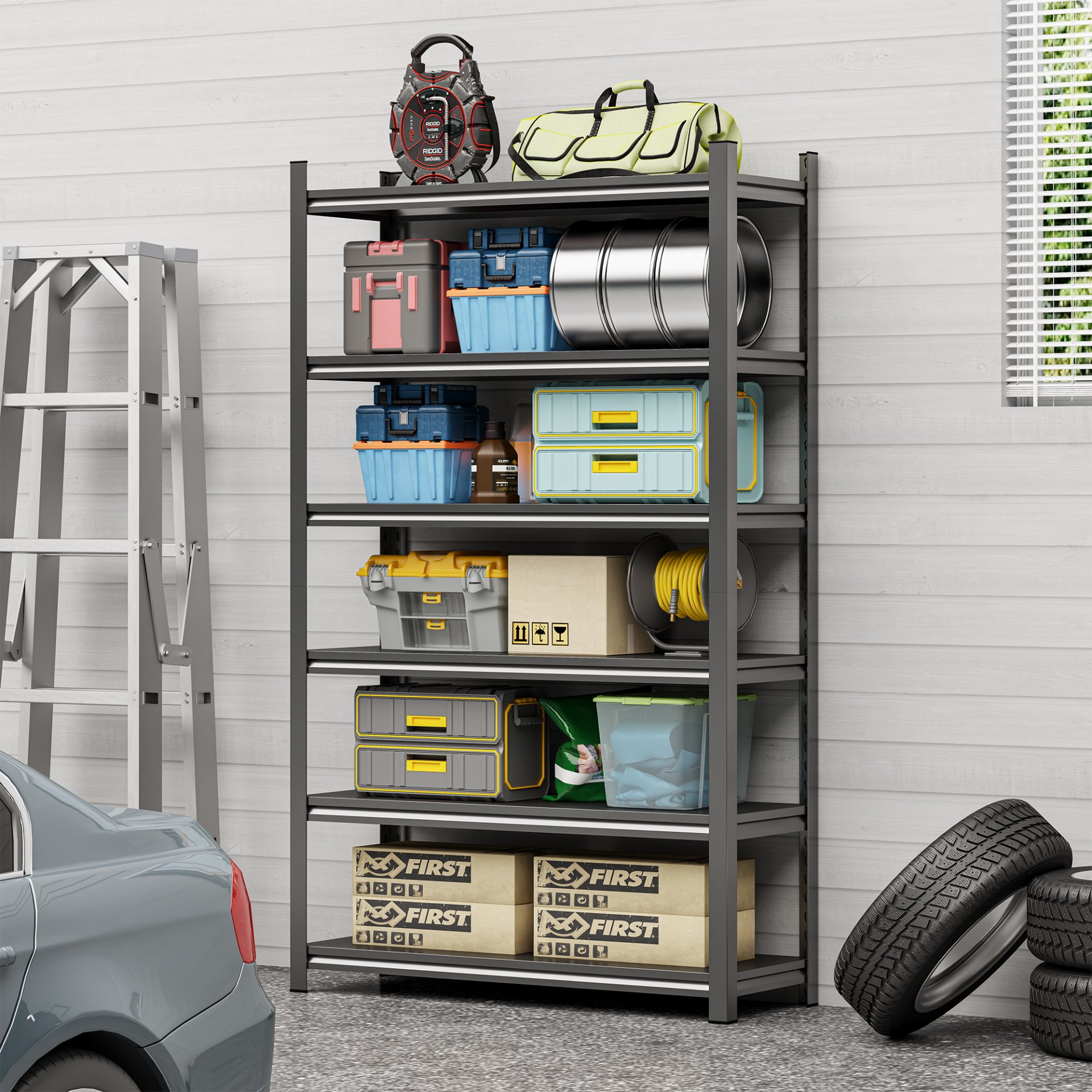 Garage Storage Rack, 6 Story Shelves, Adjustable Partition Storage Unit, Supermarket, Home, Basement Storage Rack - Black - Image 6