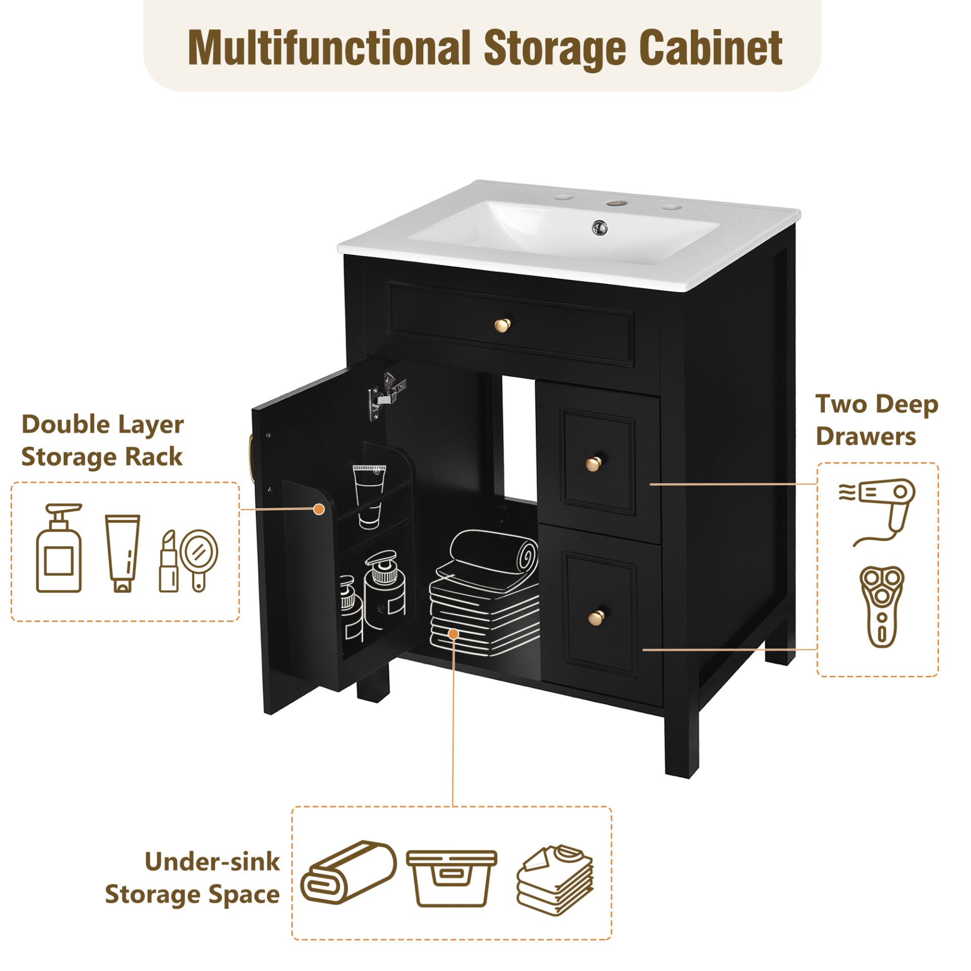 Bathroom Vanity With Sink, Soft Close Storage - Black - Image 6