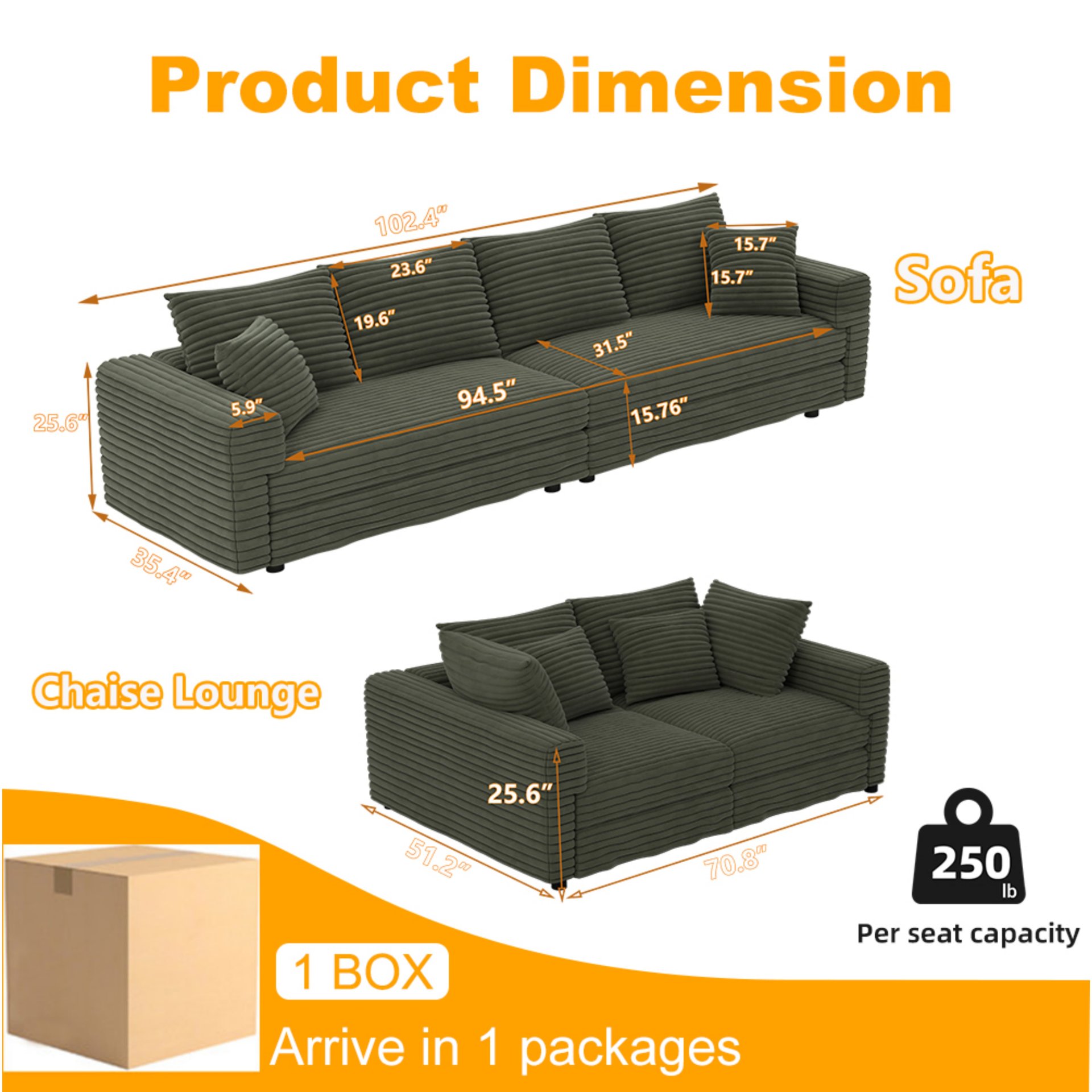 4 Seat Sofa, Deep Seat Couches With Soft Pillows And 2 Ottomans, Convertible Sofa Lounge Chair, For Living Room - Green - Image 2