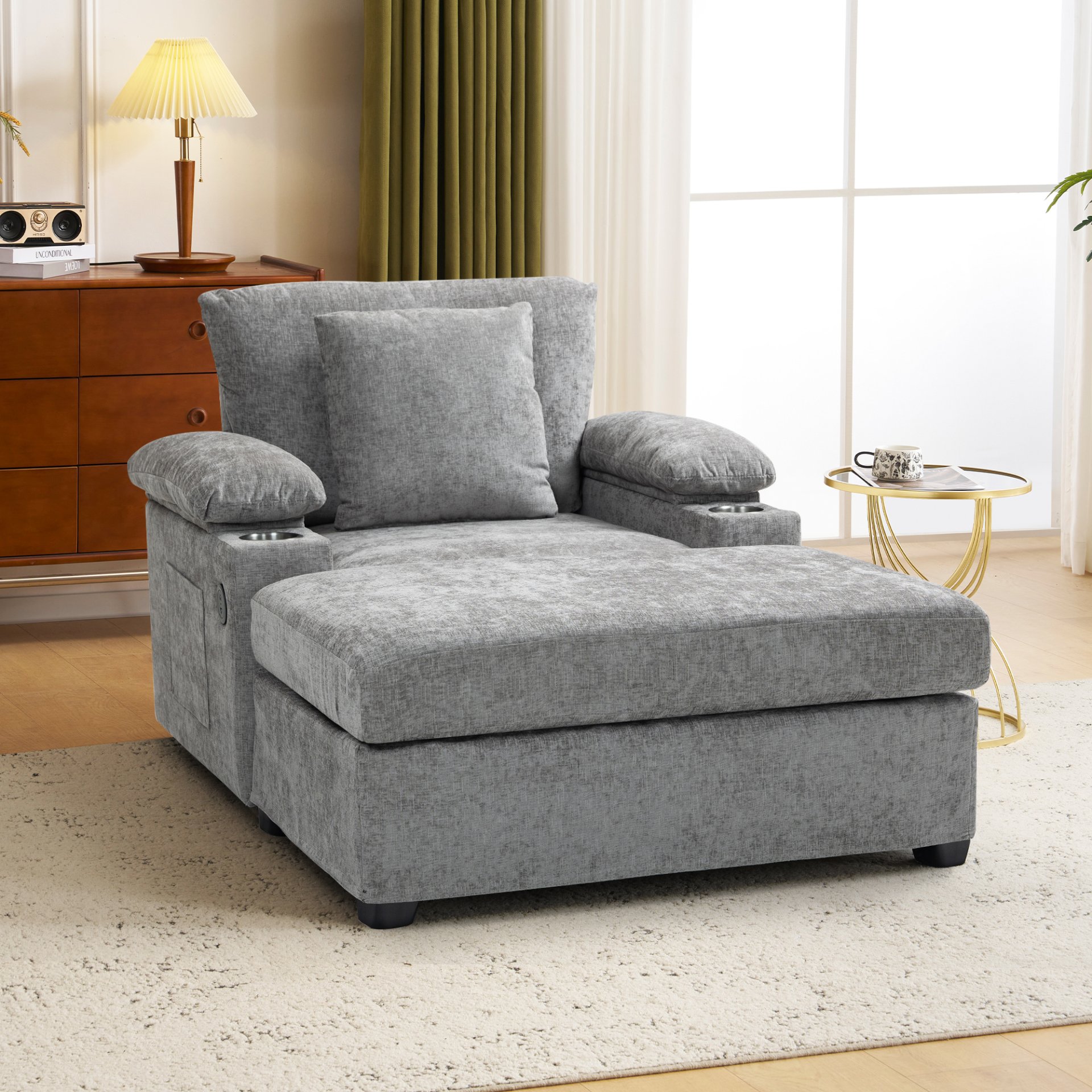 Modern Oversized Chair With Ottoman, Chenille Fabric Sofa Bed, Accent Chair Comfy Sofa With Cupholders And USB Charging Ports Chair For Living Room - Gray - Image 2