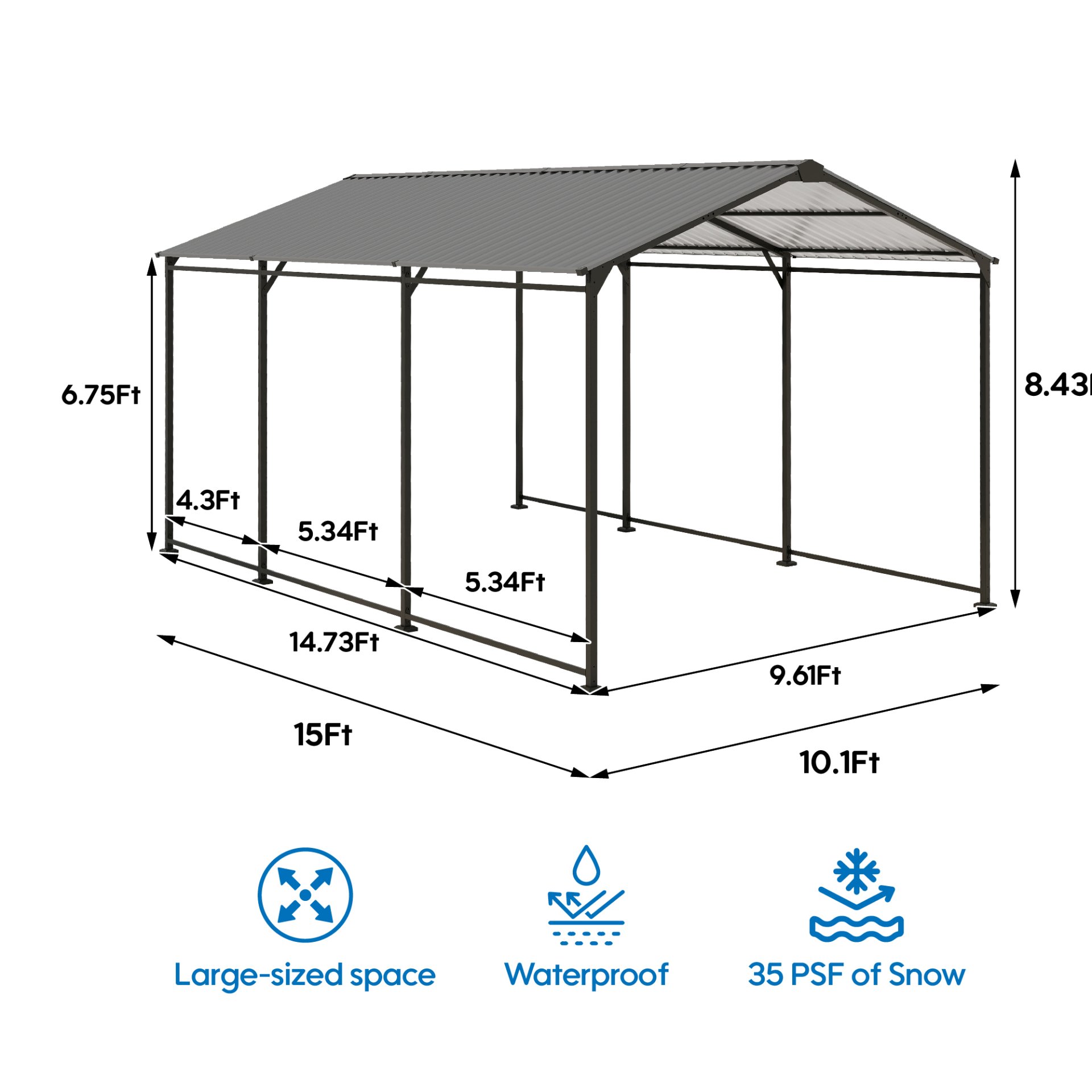 Metal Carport 10 5Ft Heavy Duty With Galvanized Steel Roof Metal Garage Canopy With Galvanized Steel Roof & Frame Car Tent Outdoor Storage Shed - Gray - Image 3